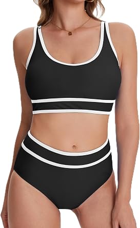 karrack Womens High Waisted Bikini Sets Sporty Two Piece Swimsuits Color Block Cheeky High Cut Bathing Suits