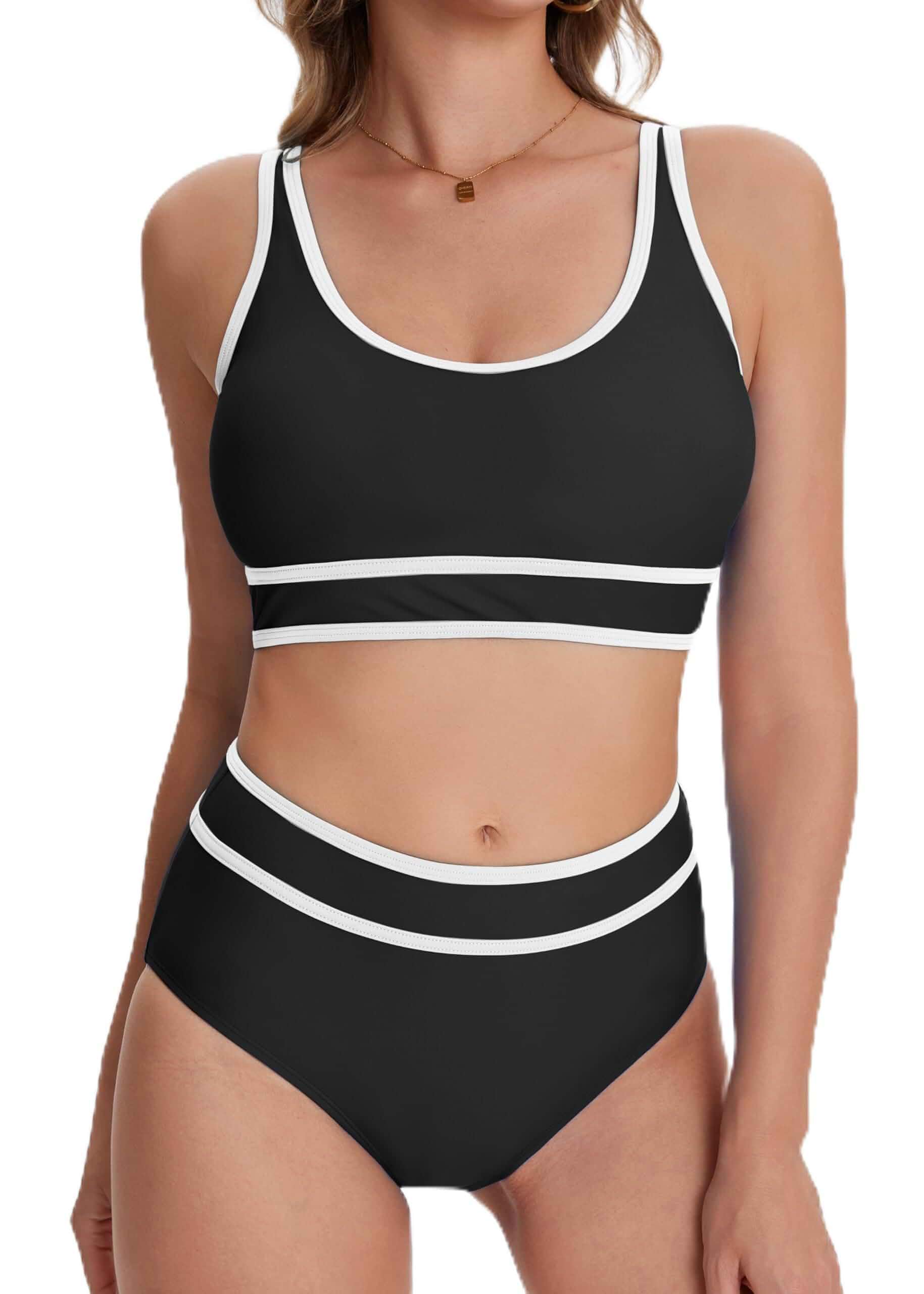 karrack Womens High Waisted Bikini Sets Sporty Two Piece Swimsuits Color Block Cheeky High Cut Bathing Suits