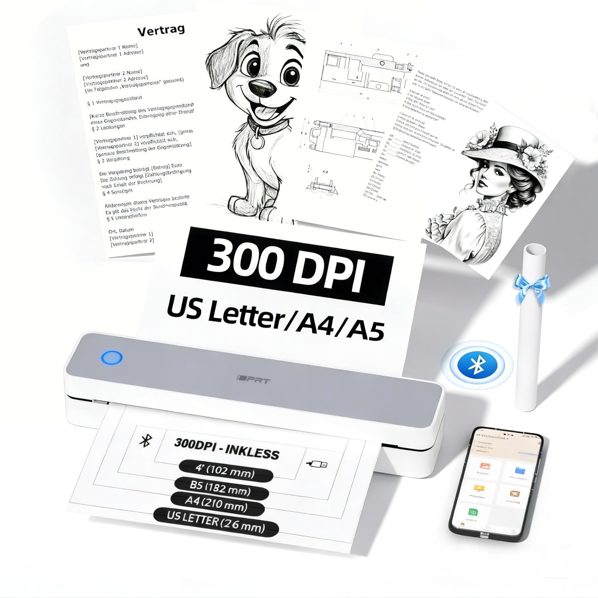 iDPRT Portable-Printer Wireless for Travel,300DPI Inkless Thermal Small Printers for Home Use,Office,Vehicles,Mobile Bluetooth Printer Supports 8.5" x