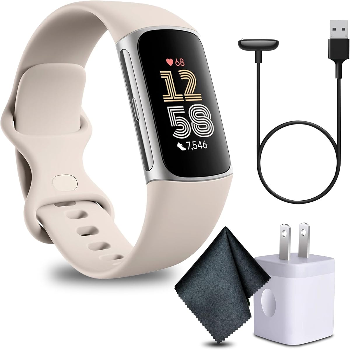 Fitbit Charge 6 Fitness Tracker Smartwatch with Heart Rate, GPS, Health Tools - Fit Bit Smart Watch for Men and Women - Porcelain/Silver Bundle with Cleaning Cloth and Charger