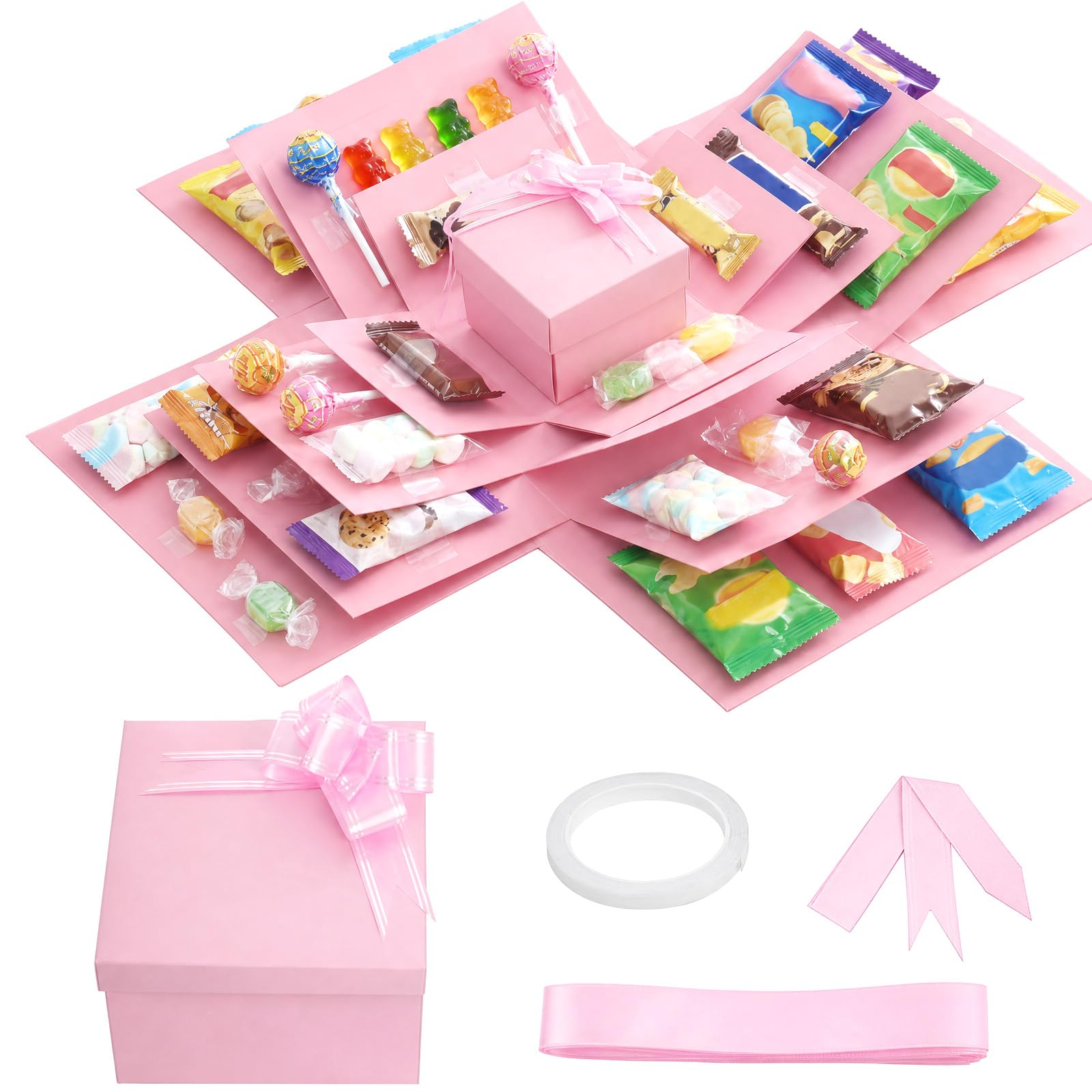 1Pc DIY Explosion Gift Box, 5 Layer Snack Explosion Box with Ribbon and Double-Sided Tape, Creative Surprise Gift Boxs for Birthdays Wedding Valentine's Day Christmas (Pink)