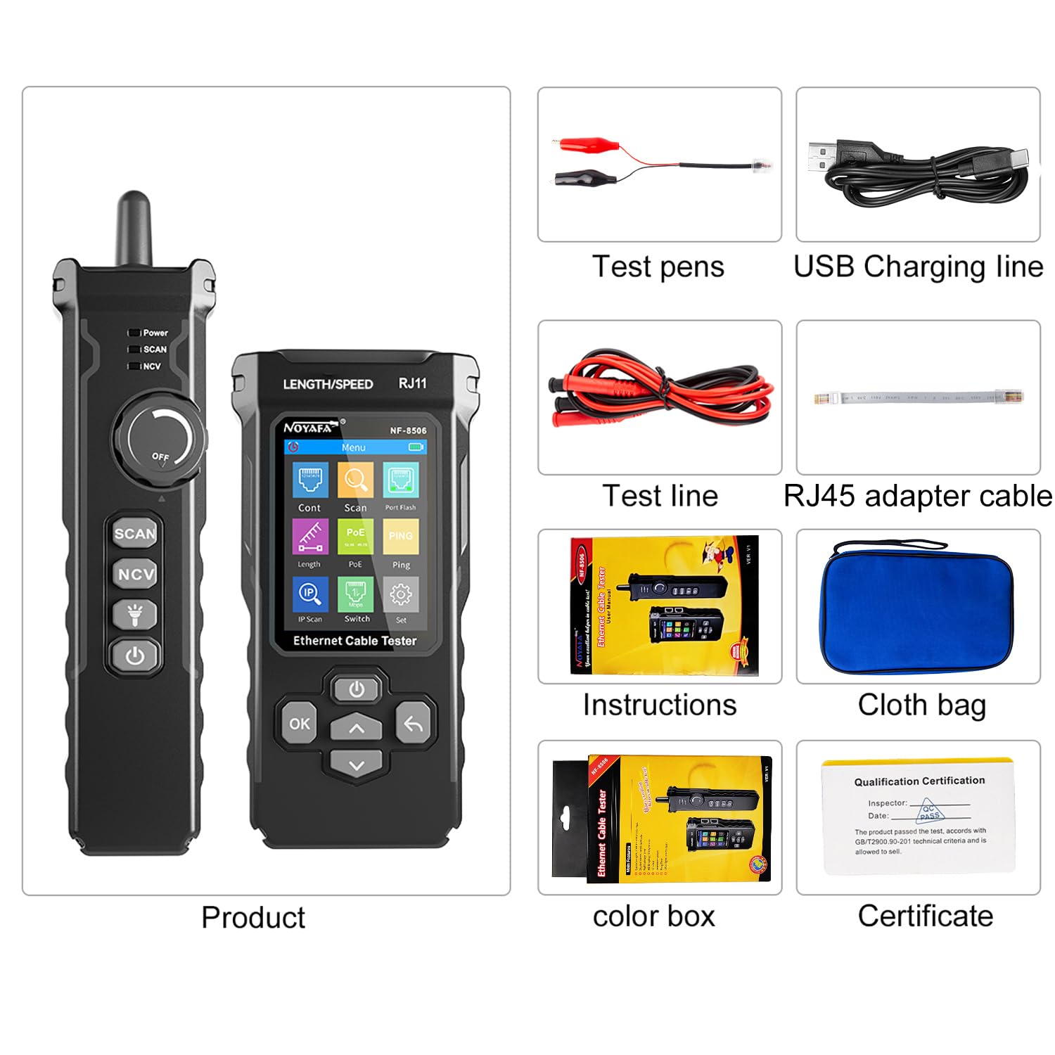 NOYAFA NF-8506 Tester di Cavi di Rete – Tester Ethernet con Ping, Scansione IP e TDR, Test Velocità Rete, Lampeggio Porte, Rilevatore Cavi RJ45 RJ11, CAT5 CAT6
