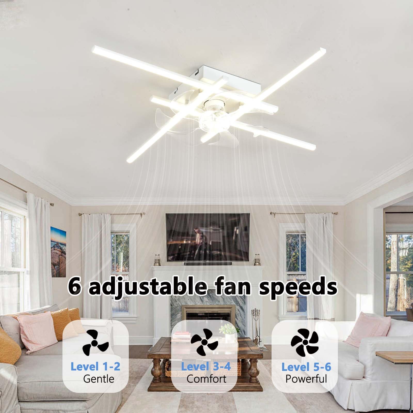 Ventilatore da Soffitto Silenzioso,Reversibile,6 Velocità,Tempistica,Plafoniera con Ventilatore con Telecomando e APP,Memoria,Ventilatori Dimmerabile,per Camere da Letto Soggiorno-White