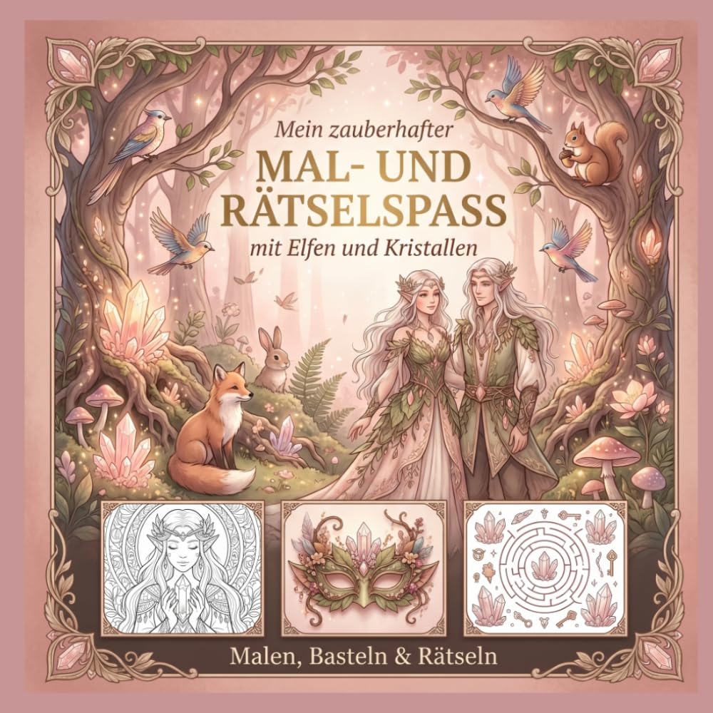 MAL- UND RÄTSELSPASS mit Elfen und Kristallen: Kinder Malbuch & Rätselbuch ab 4 Jahren | Ausmalen, Basteln, Rätseln & Entdecken