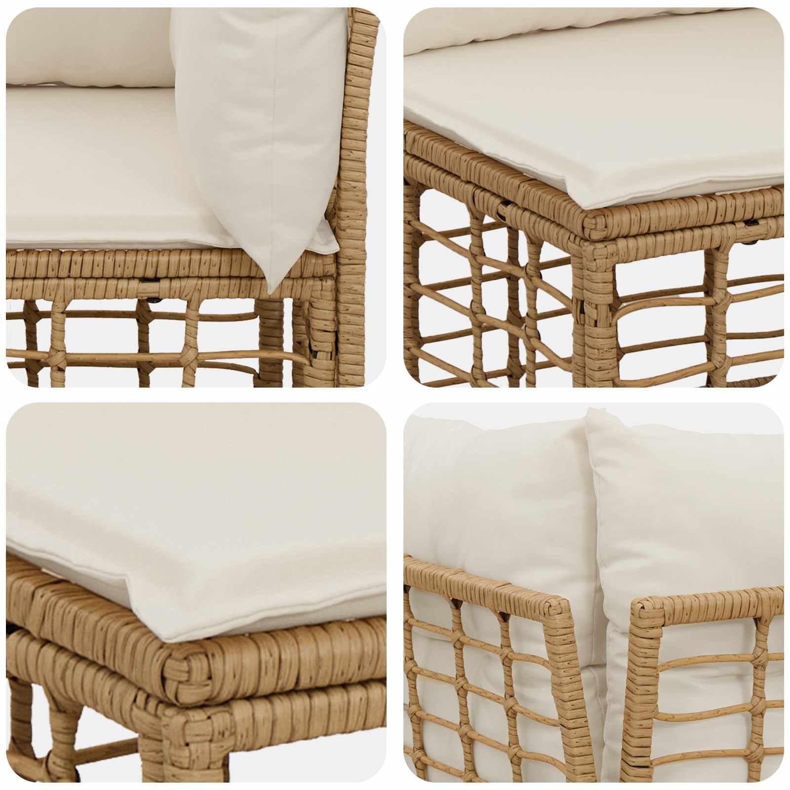 Set divano da esterno in polyrattan, 11 posti, colore naturale | Mobili da giardino modulari in rattan con poggiapiedi regolabili e cuscini per terrazza e giardino.