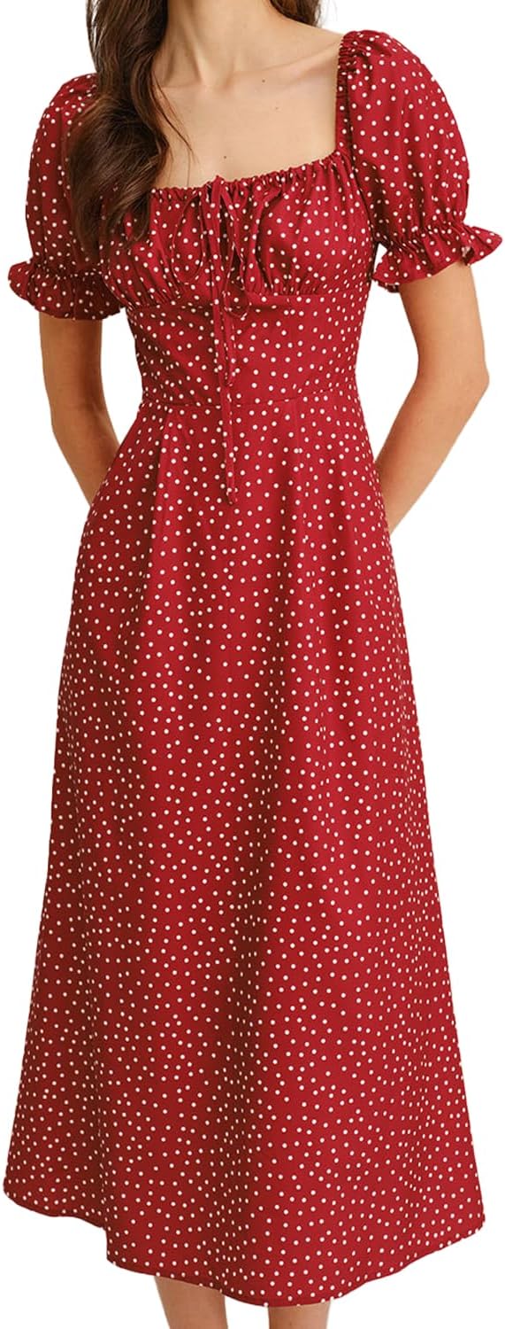 Women Summer Dresses Vintage Square Neck Adjustable Bust Floral Dress Short Puff A-Line Midi Dresses Sleeve