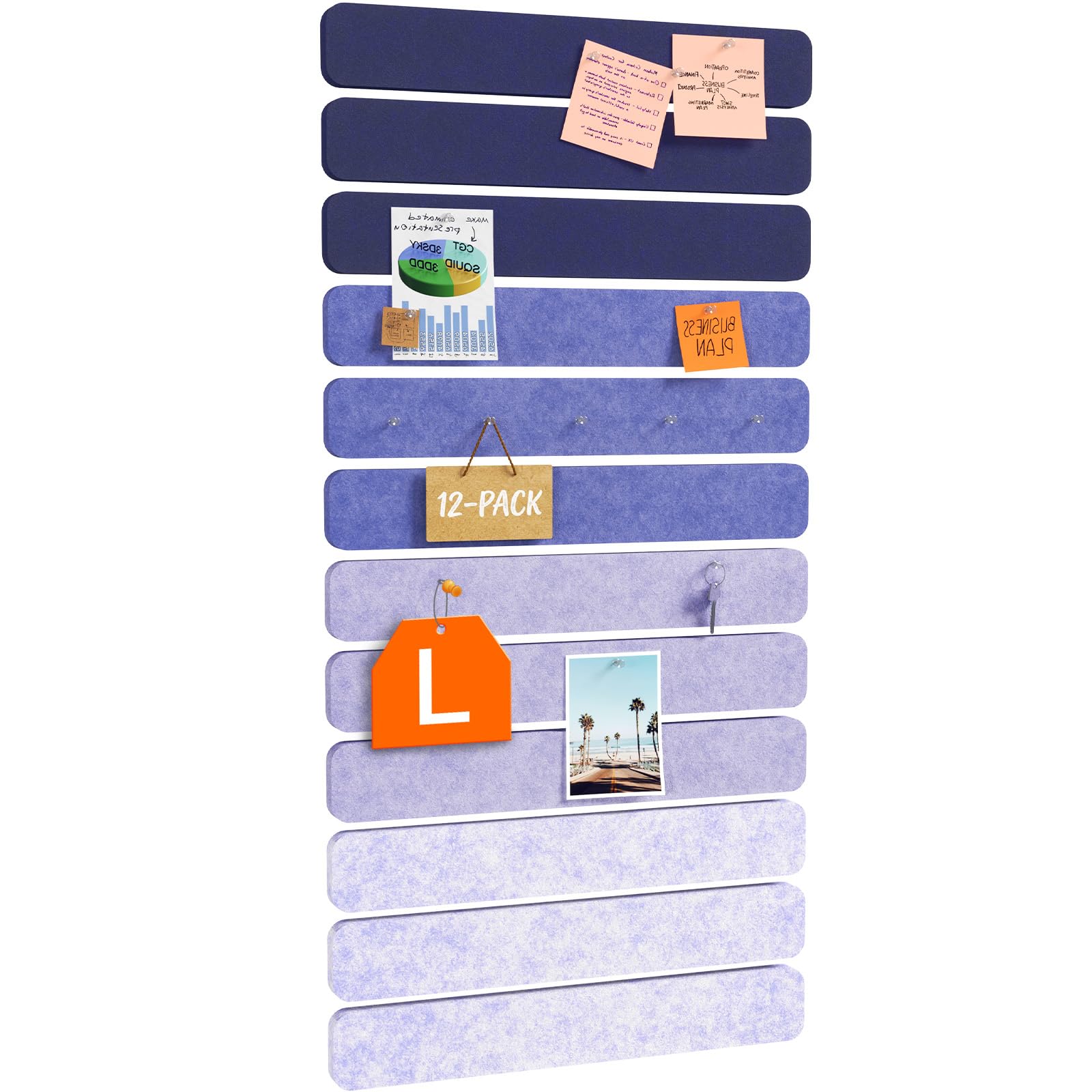 Lifewit Bulletin Board with 60 Pin Set, 12-Pack Cork Board Alternative Felt Strip Board, 33x5 cm, 4-Color Set, Full Self-Adhesive Wall Panel for Decor, for Office, Dorm, Home, Denim Mist
