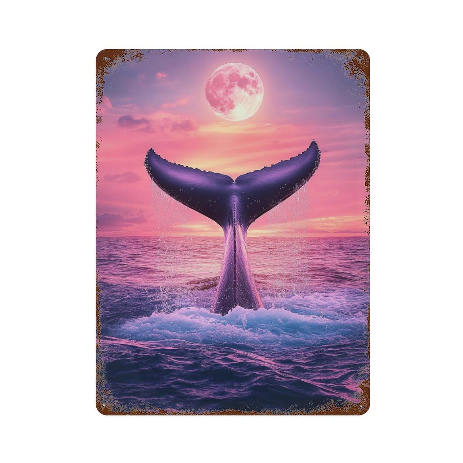Whale Tail Sunset Moon 15.7"x11.8" Vintage Rust Metal Sign, Decorative Metal Wall Art for Bistro, Counter And Cafe Decor