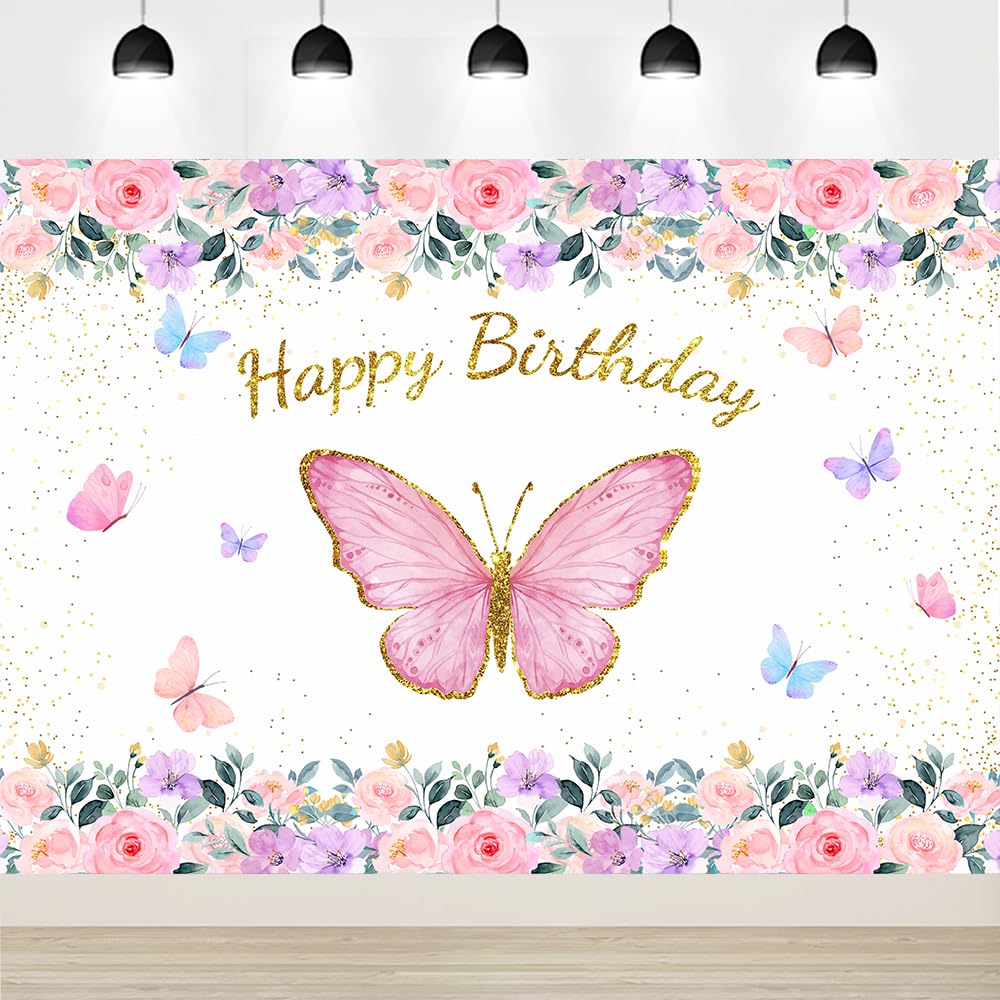 Pink Flowers Butterfly Happy Birthday Backdrop Banner Pink Butterfly Birthday Party Backdrop Banner 7x5Ft