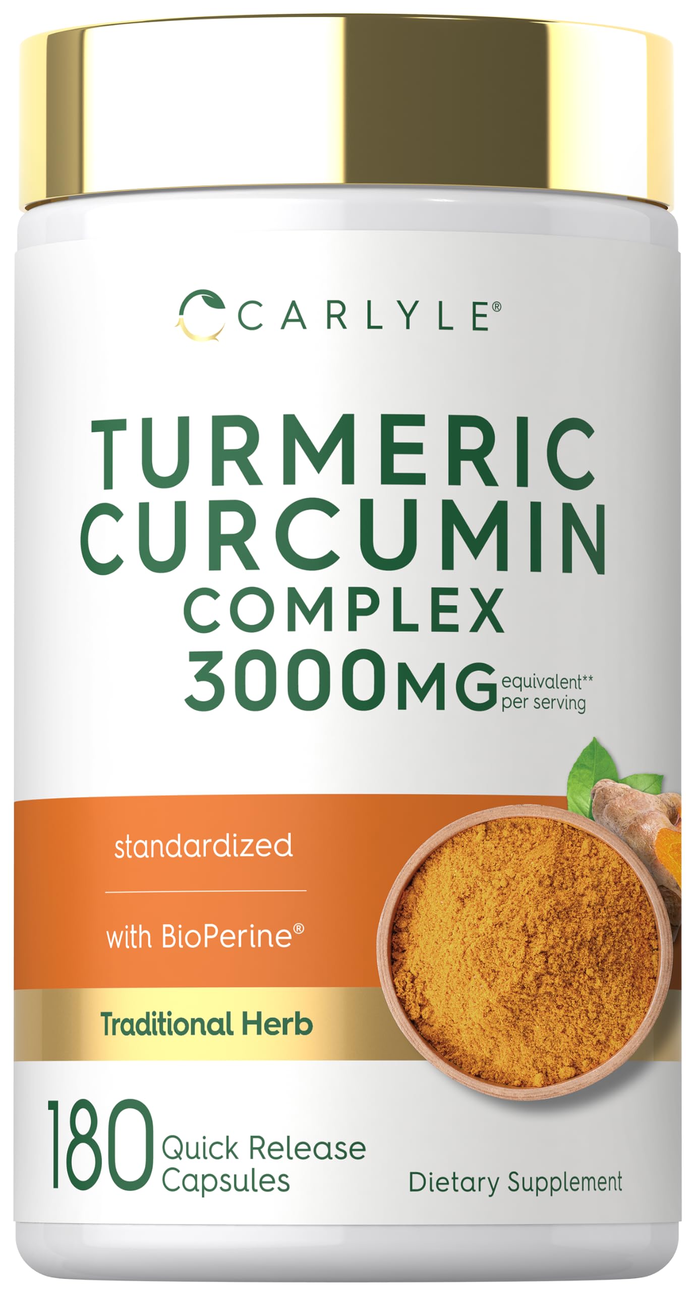 Carlyle Turmeric Curcumin Supplement | 180 Capsules | with Black Pepper