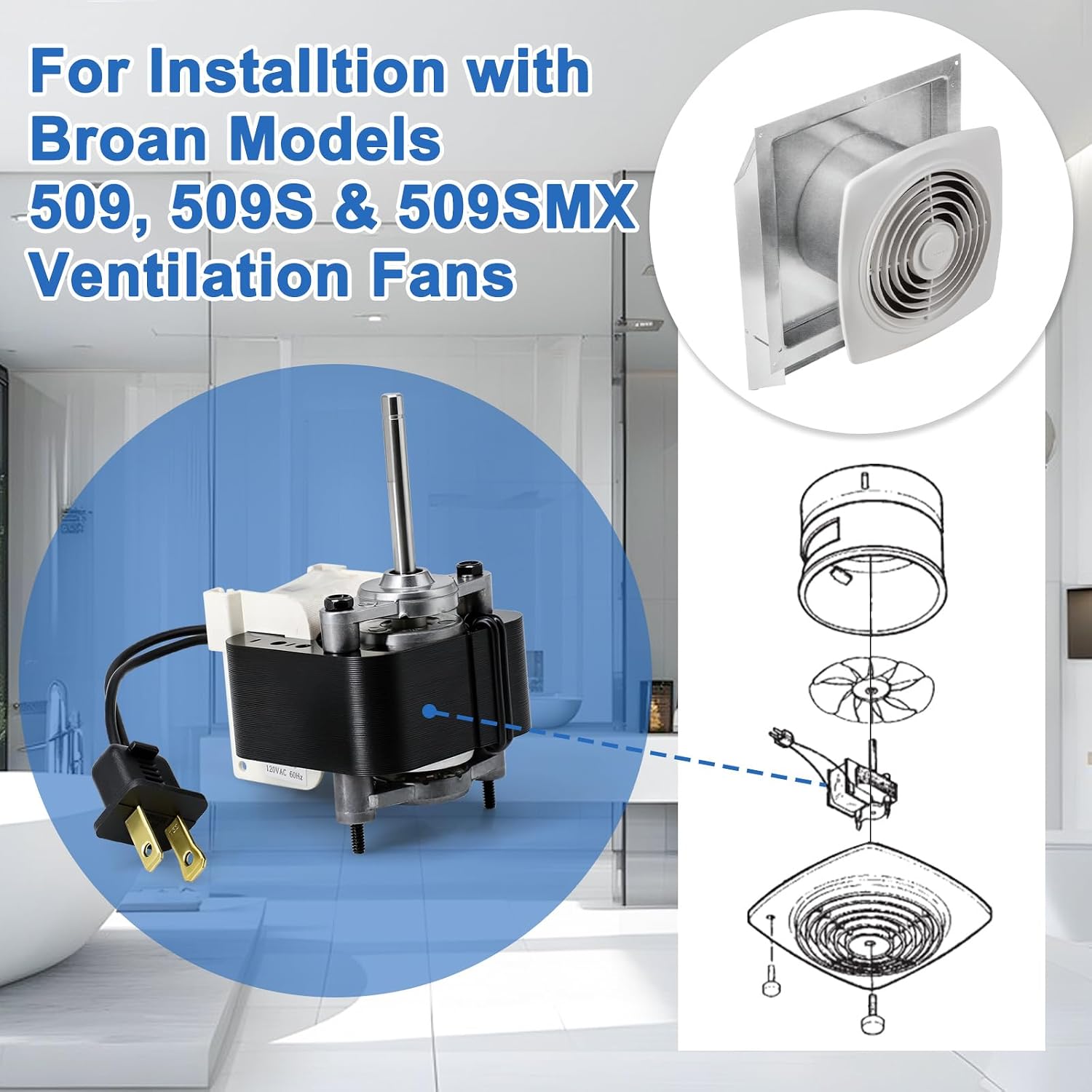 S99080180 Exhaust Fan Motor for Broan Nutone 509 509S 509S-C 509-C 509C 509M 509SMX Ventilation Fans, Replacement Motor for Broan 509