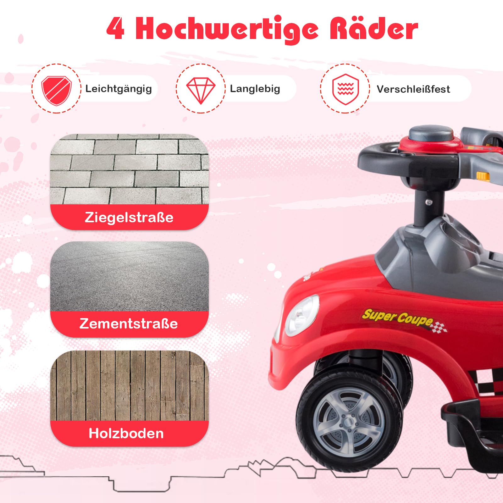 COSTWAY 3 in 1 Rutschauto Schiebeauto, Rutschfahrzeug mit abnehmbarem Schiebgriff, Schutzbügel & verstecktem Stauraum, Spielzeugauto für Kinder von 2 bis 6 Jahren (Rot)