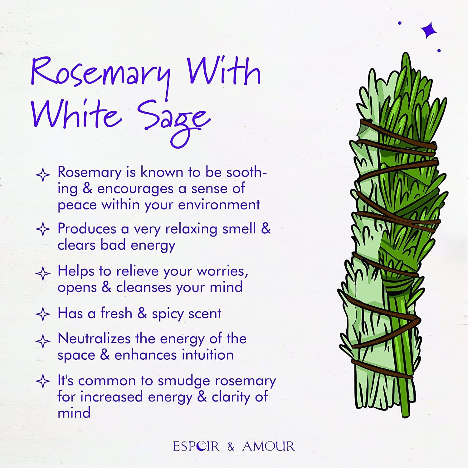 Espoir and Amour Sage Bundle - 15 Spiritual Sage Sticks for Smudging, Healing and Ritual - Hand-Tied Californian White Sage, Rosemary Sage, Cedar Sage, Eucalyptus Sage and Lavender Sage - 4 Inch