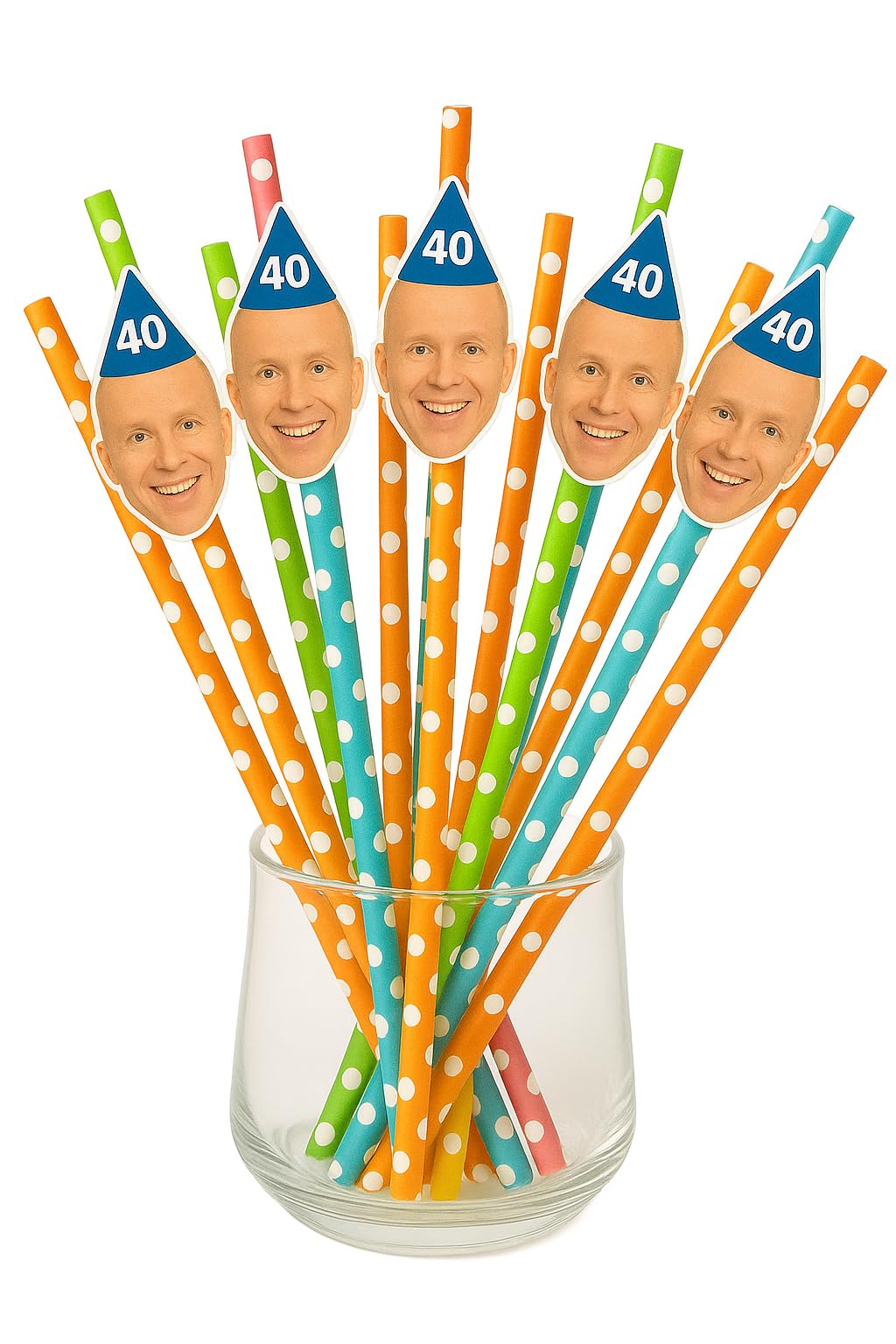 60 Personalised Face Straws – Custom Photo Cut-Outs with Optional Hats – Easy to Assemble – Fun Party Accessory for Hen Nights, Stag Dos, Birthdays & More (60 Confetti with Polka Dot Straws)