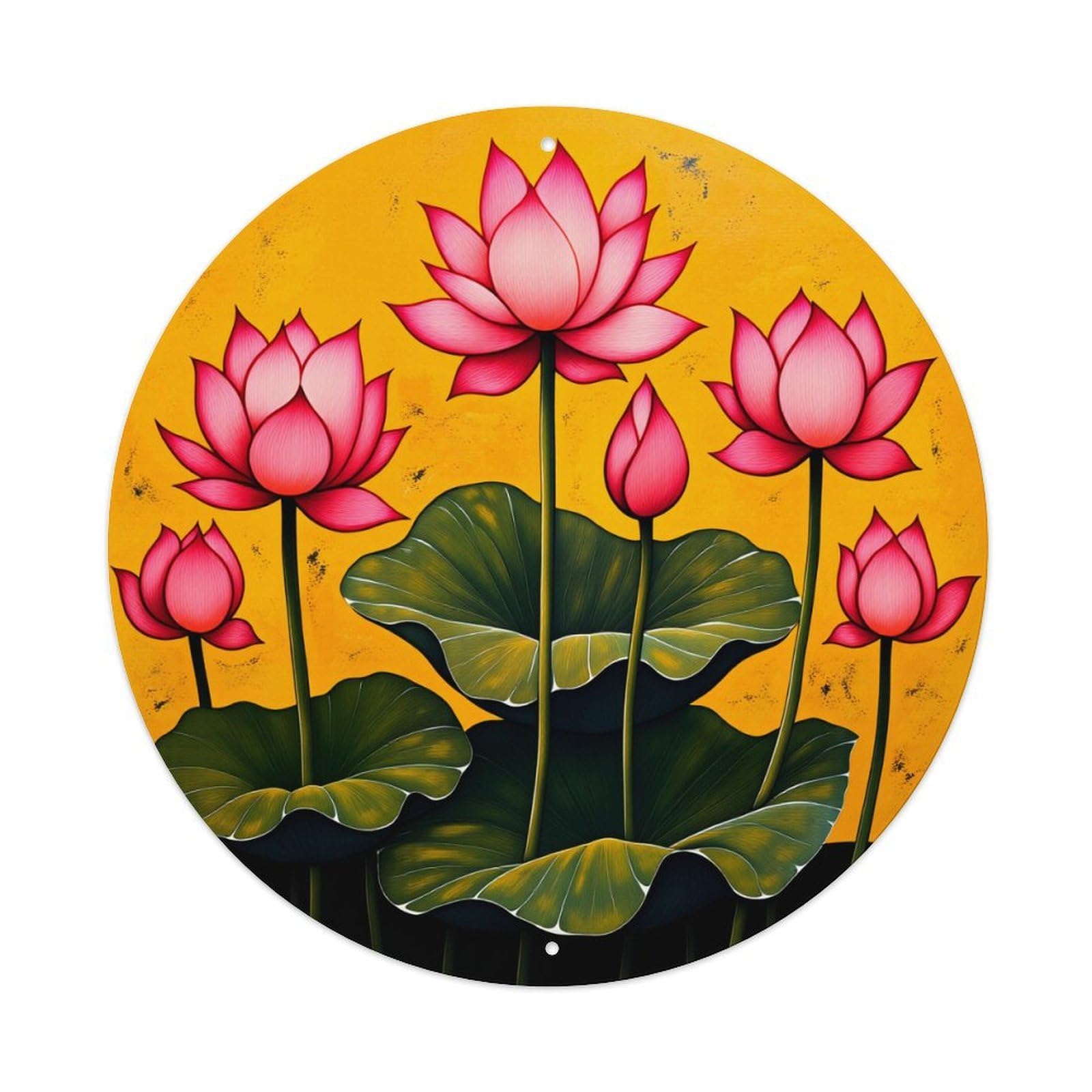 Pink Lotus Flowers On Yellow Background With Green Leaves Round Vintage Tin Sign,Retro Wall Art,Metal Poster for Home, Bar, Garage, Cafe, Rustic Indoor & Outdoor Decor, 8x8 Inches