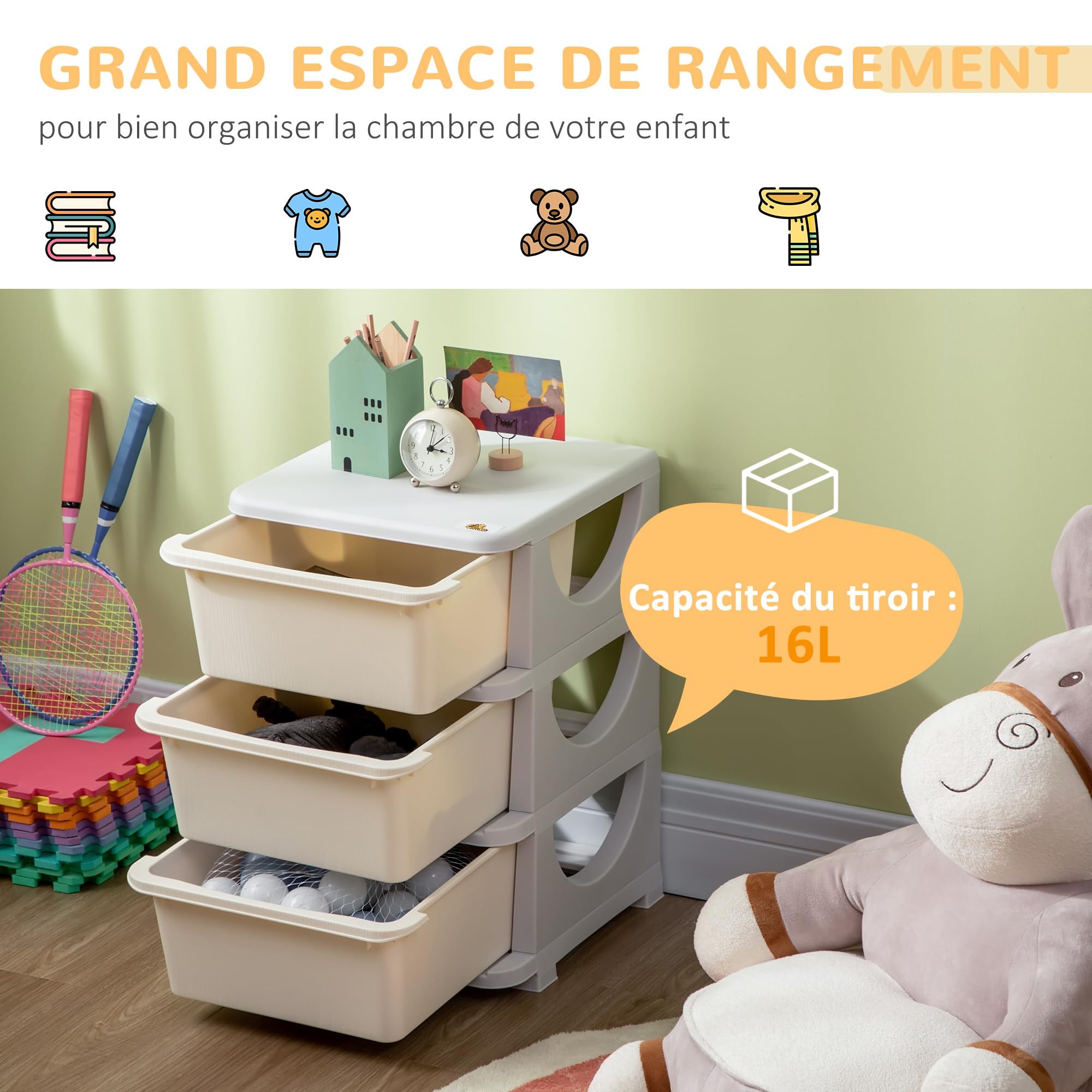HOMCOM Tour de Rangement en Plastique pour Enfants avec 3 tiroirs, boîtes de Rangement, tiroirs Rangement Jouet pour Chambre d'enfant, crèche, Salon, pour garçons et Filles 3-6 Ans, crème