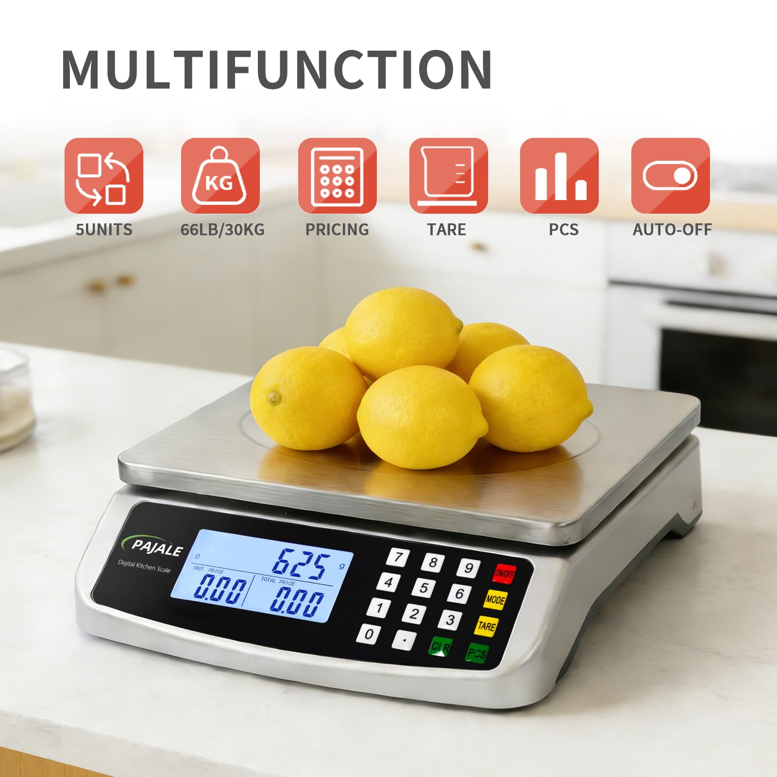 Bilancia da cucina commerciale da 30 kg con calcolo dei prezzi, 1 g, bilancia digitale in acciaio inox 304 per lievito madre, pane, cottura, carne, ristorante, verdure, fattoria