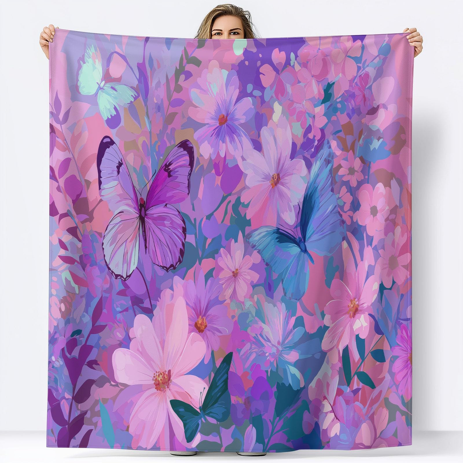 Manta mullida con diseño de animales y mariposas y flores, color rosa, 220 x 240 cm, suave manta de forro polar de microfibra, cálida manta para sofá, cama o sofá