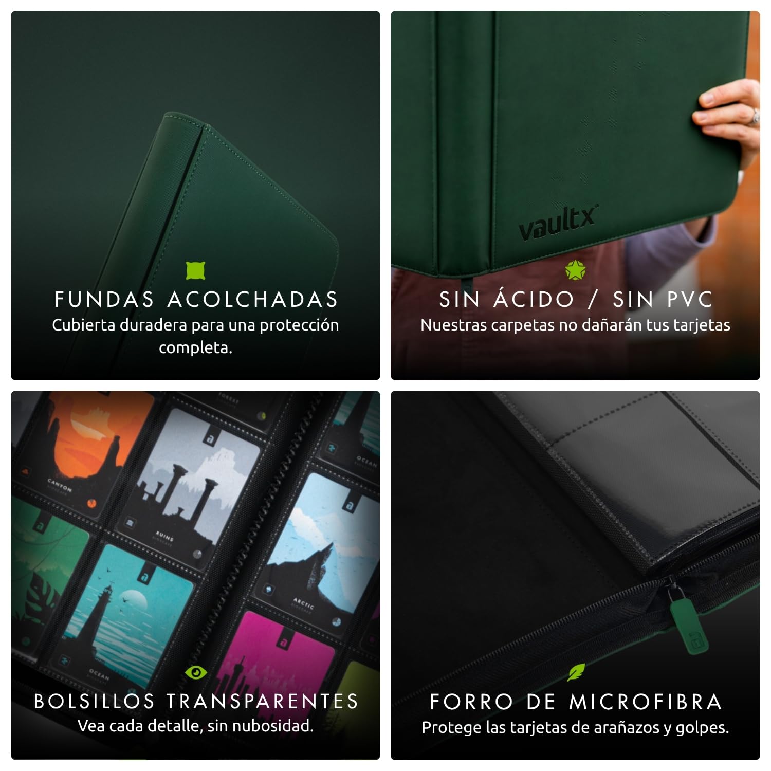Vault X Álbum Exo-Tec con Cremallera, para 360 Cartas Coleccionables, 9 Bolsillos, 20 Páginas de Carga Lateral (Verde)