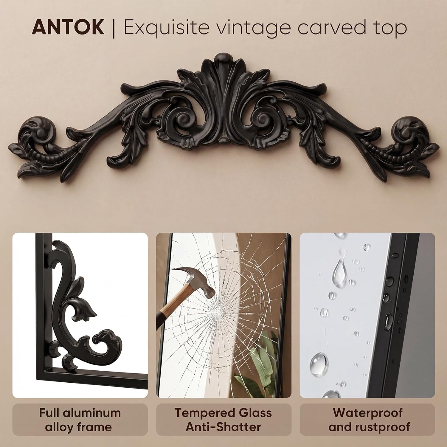 Antok Arched Full Length Mirror, 32"x71" Floor Mirror with Carved, Full Body Mirrors for HomeDecor, Standing/Halling Large Wall Mirror for Bedroom, Living Room, Cloakroom, Black, Luxury Style - Image 6