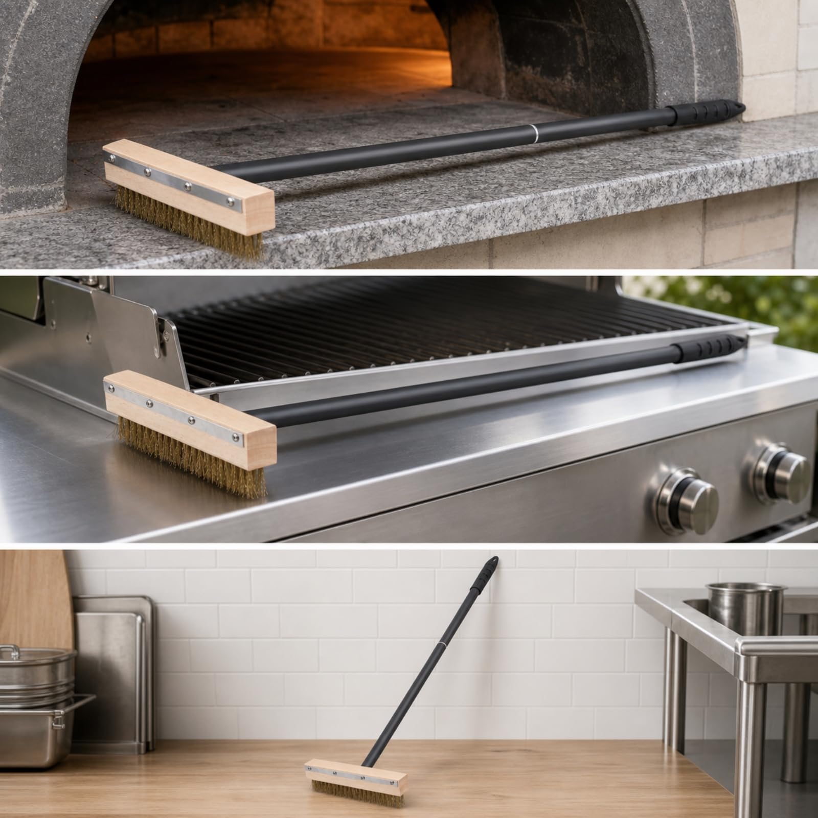 Vielseitig Pizzabürste mit Schaber, PT2503 Ofenbürste Mit Rundem Griff, Aluminiumgriff, Holzblock Und Messingborsten, Anschlussgriff, 80 cm