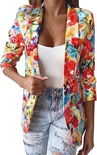 Blazer élégant à manches longues pour femme - Motif floral coloré - Veste d'été à revers - Coupe ajustée - Veste de bureau - Manteau léger et aéré - Pour veste de costume de mode