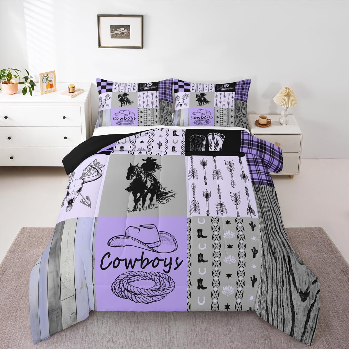 Erosebridal Girls Western Bedding Sets Twin Size Pink Grey Cowgirl Kids Comforter Set Teen Women Wild West Bull Horse Down Comforter Country Farmhouse