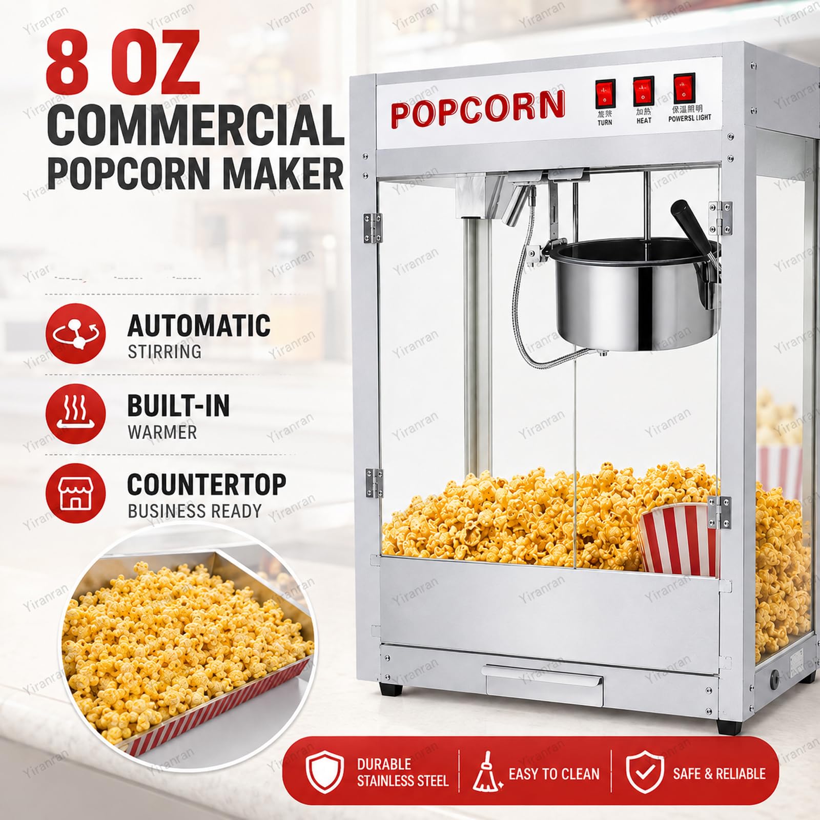 Máquina De Palomitas De Maíz De 8 Oz Para Noches De Cine, Con Agitación Automática, Olla Antiadherente, Calentador Inferior Y Control De 3 Interruptores, Ideal Para Películas, Fiestas