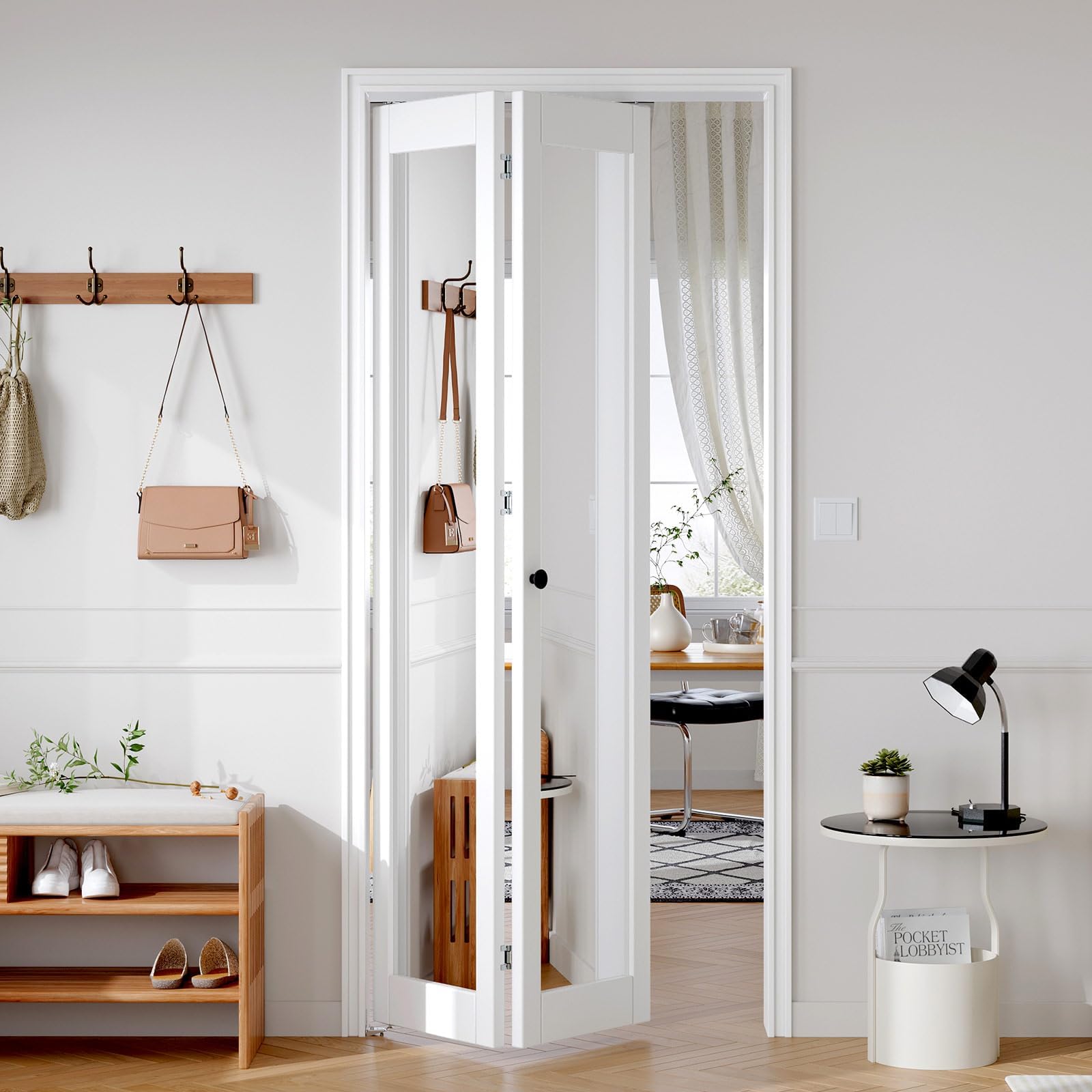 FREDBECK Bifold Doors for 36x80 Opening (Double 18x80),Interior Folding Barn Doors with Mirror and Concealed Hardware Kit Included,PVC Surface, White,for Closet