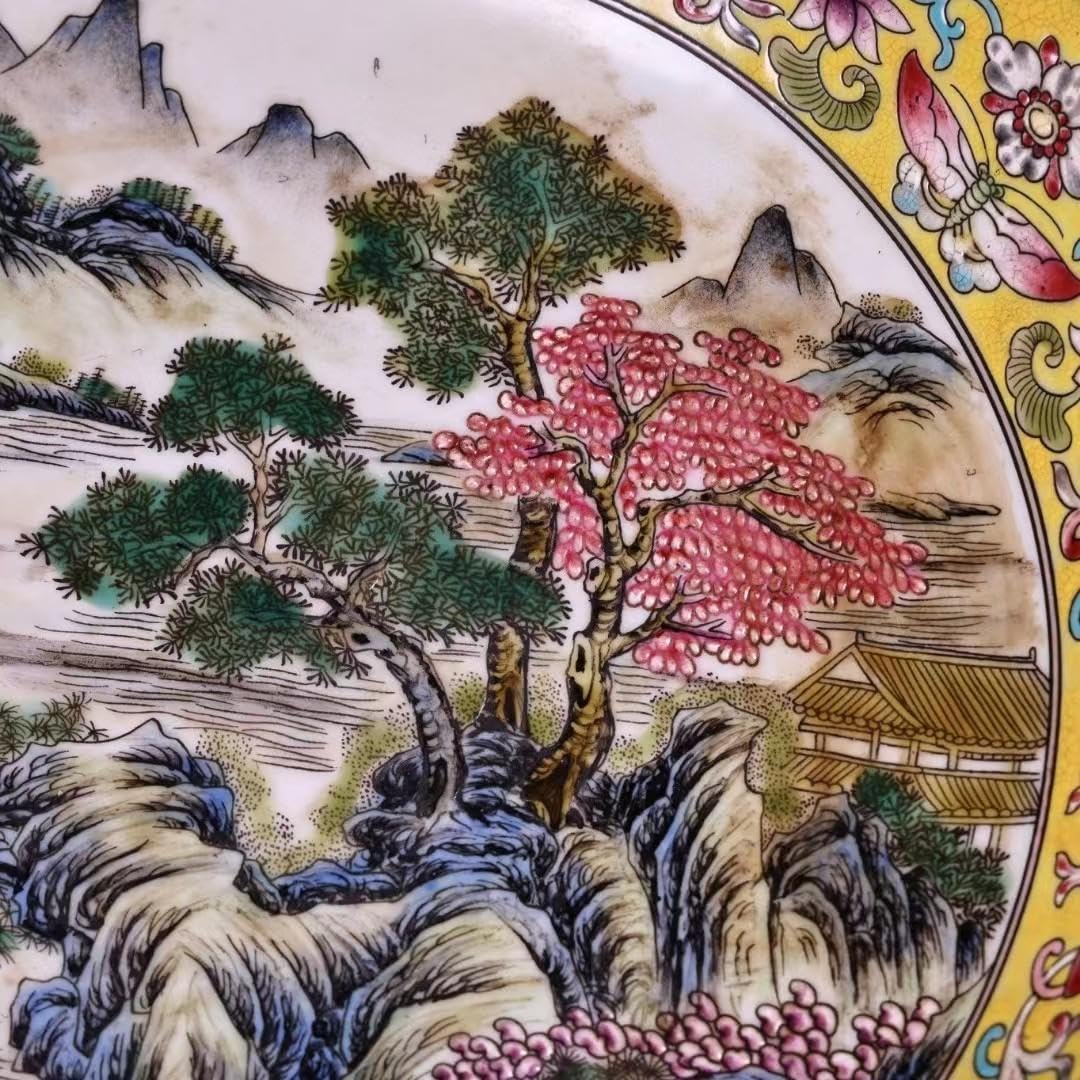 中国古美術・珍蔵粉彩・風景絵磁器の中皿・純手描き・刺繍箱付・置物・文房具・観賞皿 中国古美術・珍蔵粉彩・風景絵磁器の中皿・純手描き・刺繍箱付