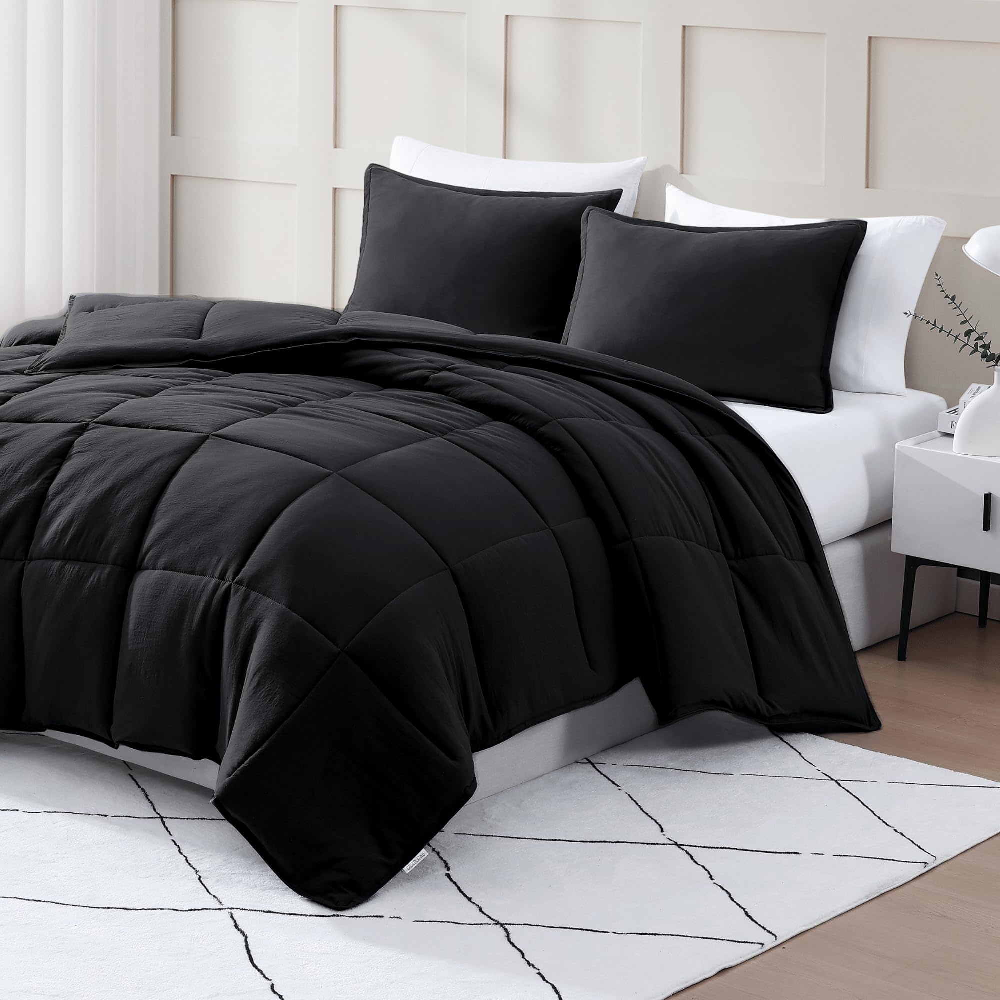 King Size Comforter Set - Goose Down Alternative – Washed Ultra-Soft - Premium All Season Warmth Bedding Set (King, Black)