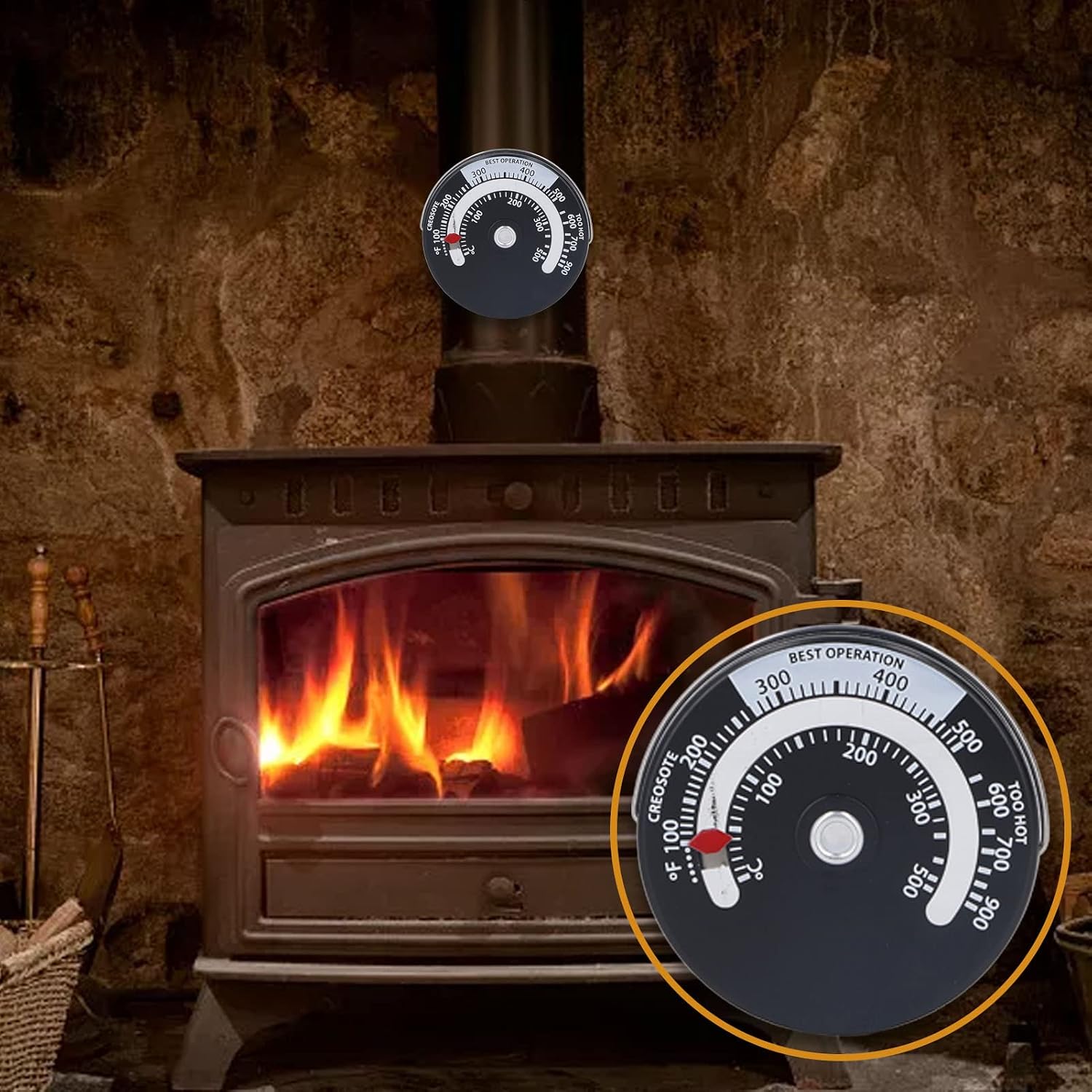 Sanpyl 0℃ to 500℃ Magnetic Stove Thermometer, Large Measurement Range, Magnetic Suction, Aluminum Alloy Dial Plate, for Wood Burning Stove, Gas Stove, Pellet Stove