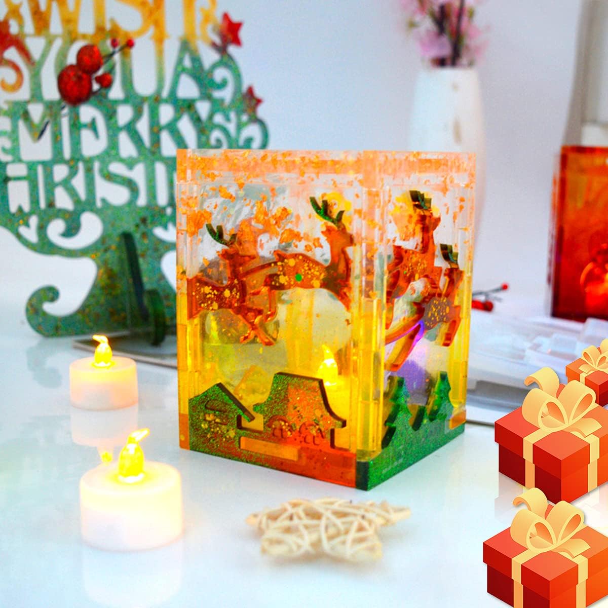 3D Christmas Lantern Resin Molds, 6 Pieces Silicone Resin Mold with Santa Clause Reindeer Sledge Patterns, Epoxy Resin Casting Mold for DIY Crafts Christmas Party Decoration