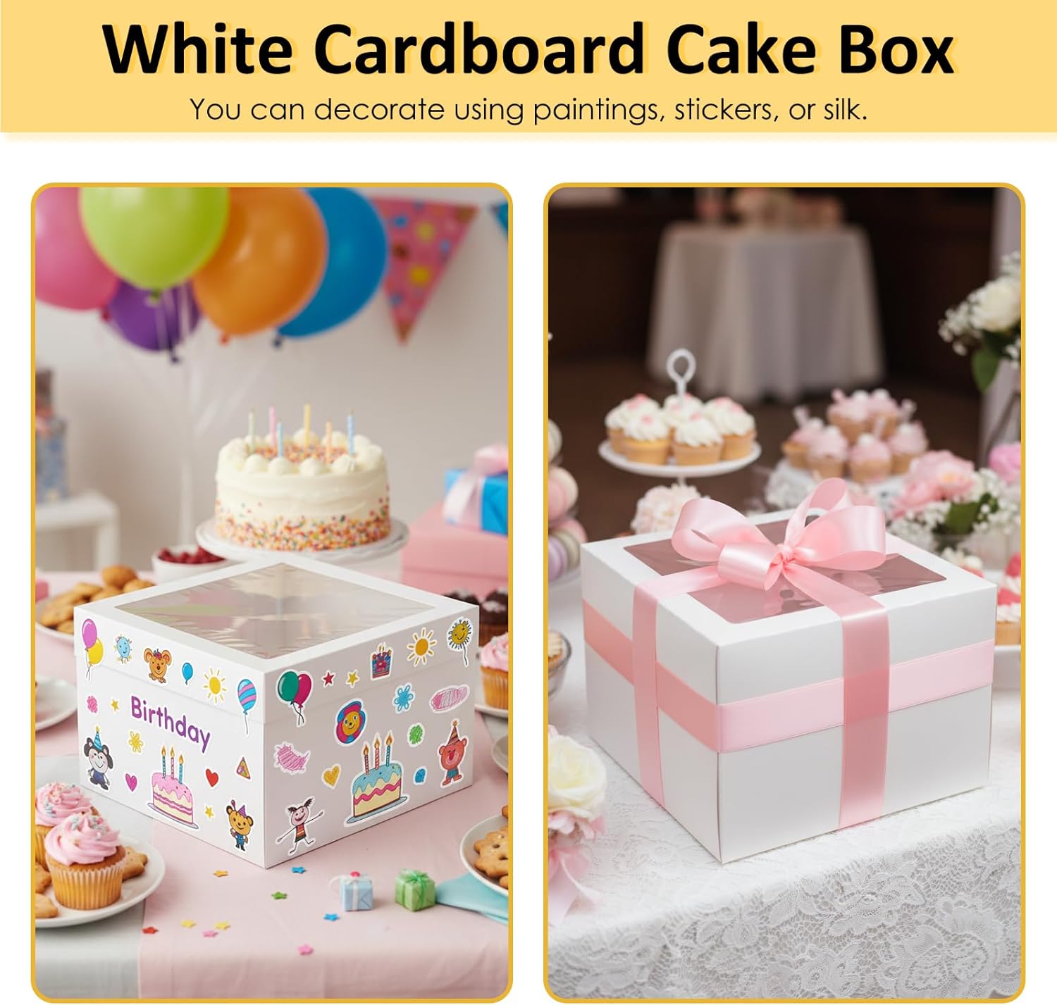 Moretoes 30pcs Cake Boxes 12x12x8 Inch, Bakery Containers with Large Window, 12 Inch White Cake Carrier, Disposable Boxes for Birthday, Party, Cupcake Cookie Pie Pastry