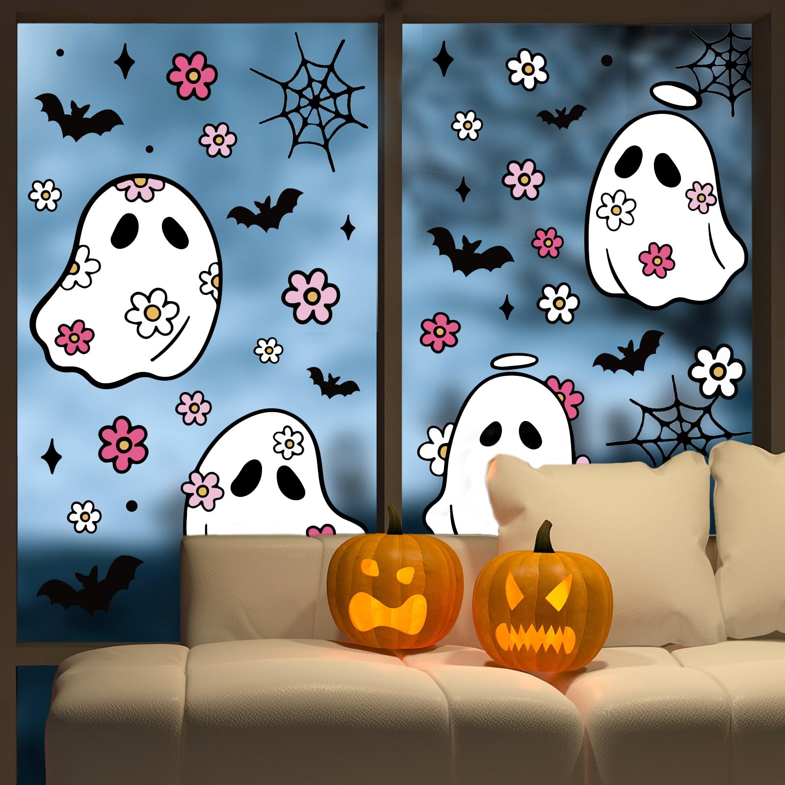 JarThenaAMCS 84Pcs Halloween Window Clings Floral Ghost Window Stickers Cute Double-Side Glass Decals for Home Party Favor Supplies, 7.9 x 11.8 Inch, 9 Sheets