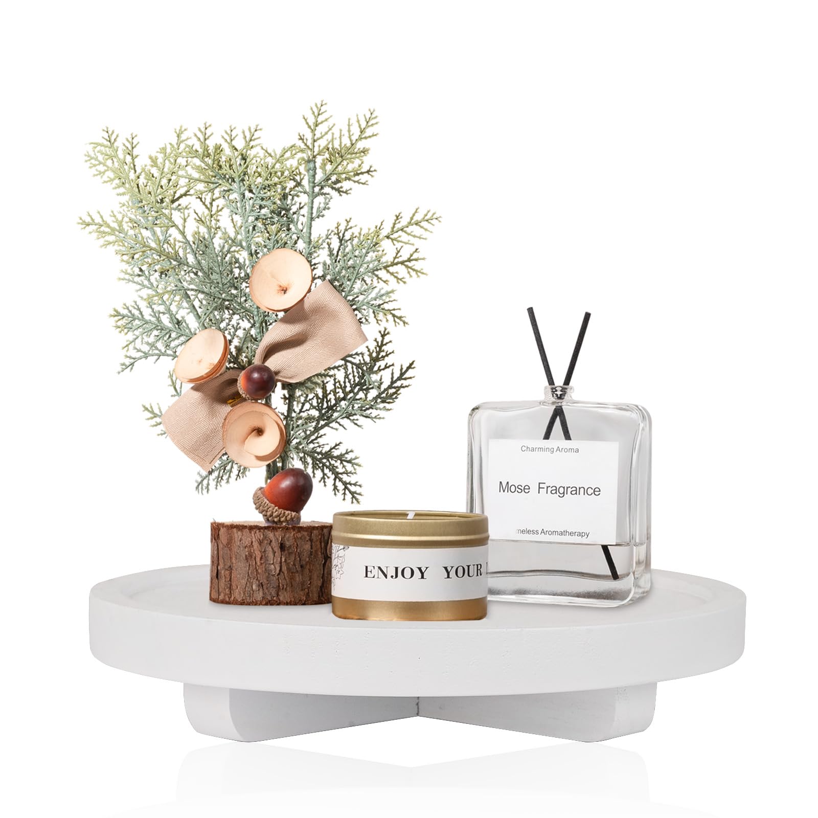 Round Decorative Tray Wood Bathroom Counter Organizer Farmhouse Kitchen Decor Wooden Riser for Soap Dish, Perfume, Candle, Sponge, 8" - White