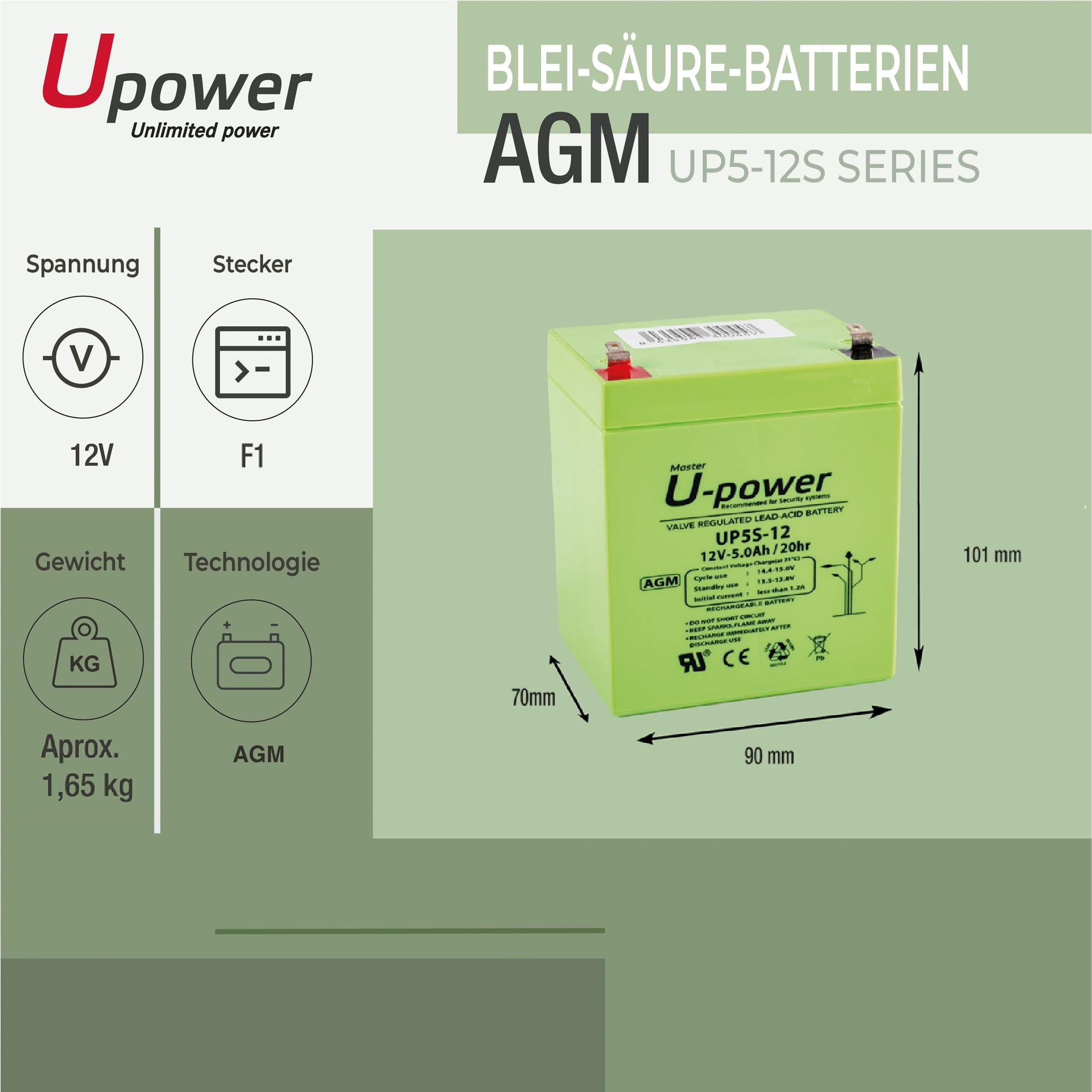 U-Power Batería AGM 12V 5Ah Sellada Recargable – Plomo-Ácido VRLA para Alarmas, SAI/UPS, Seguridad, Juguetes Eléctricos y Más – Terminal Faston F1 (4.8 mm) (Paquete de 4)