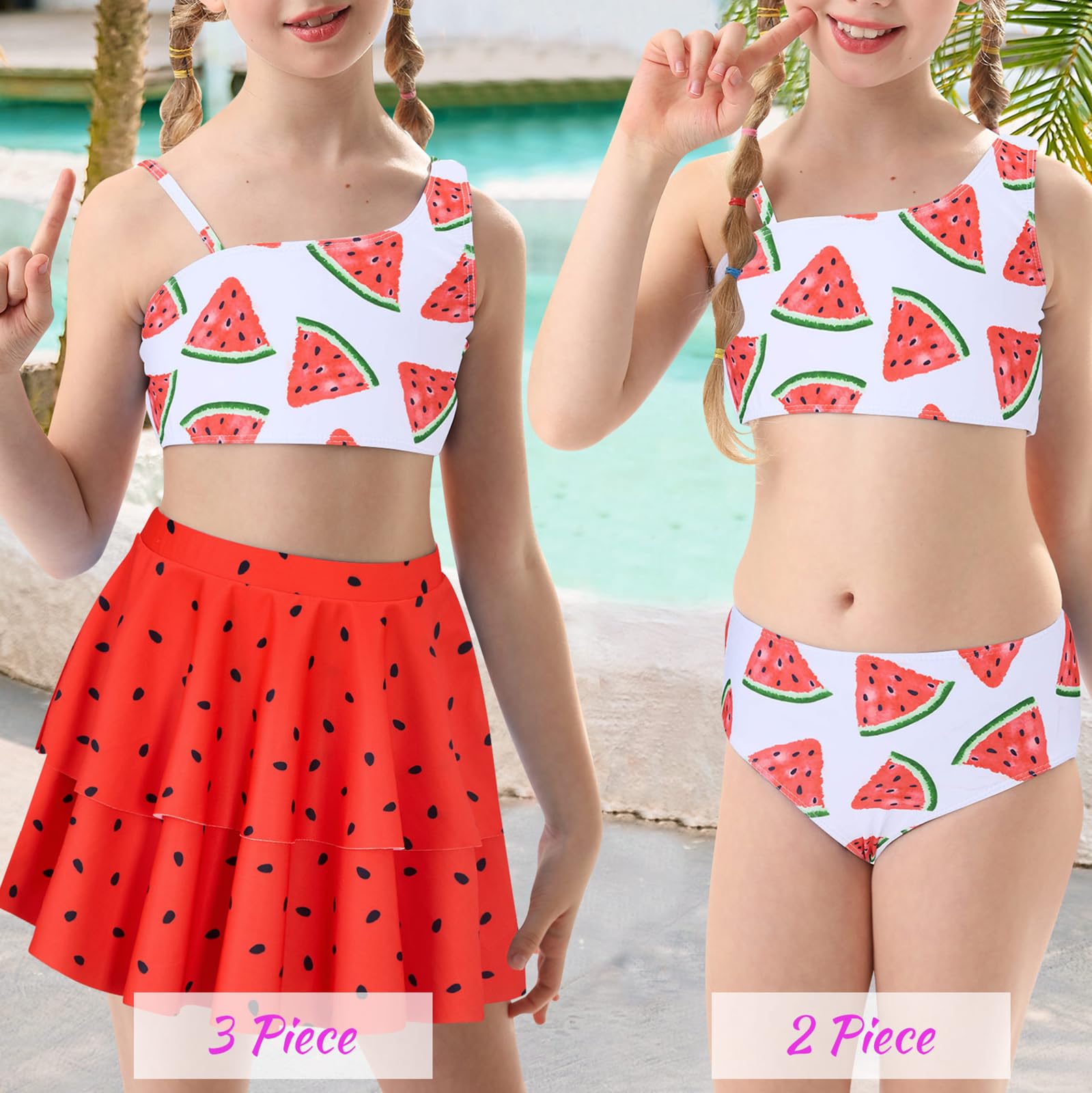 RAISEVERN Little Girls Bathing Suit Size 7-8 3 Piece Swimsuit Adjustable Spaghetti Strap Watermelon Bikini Sets with Ruffle Cover Ups Beach Skirt Size 8 Cute Quick Dry Tankini Summer Swimwear