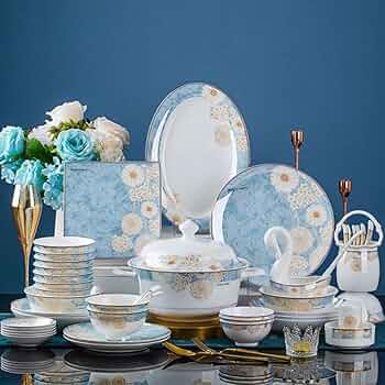 　Bone China Amazon.com: JOMRTS 60 Pieces Blue Floral Bone China Dinnerware Set