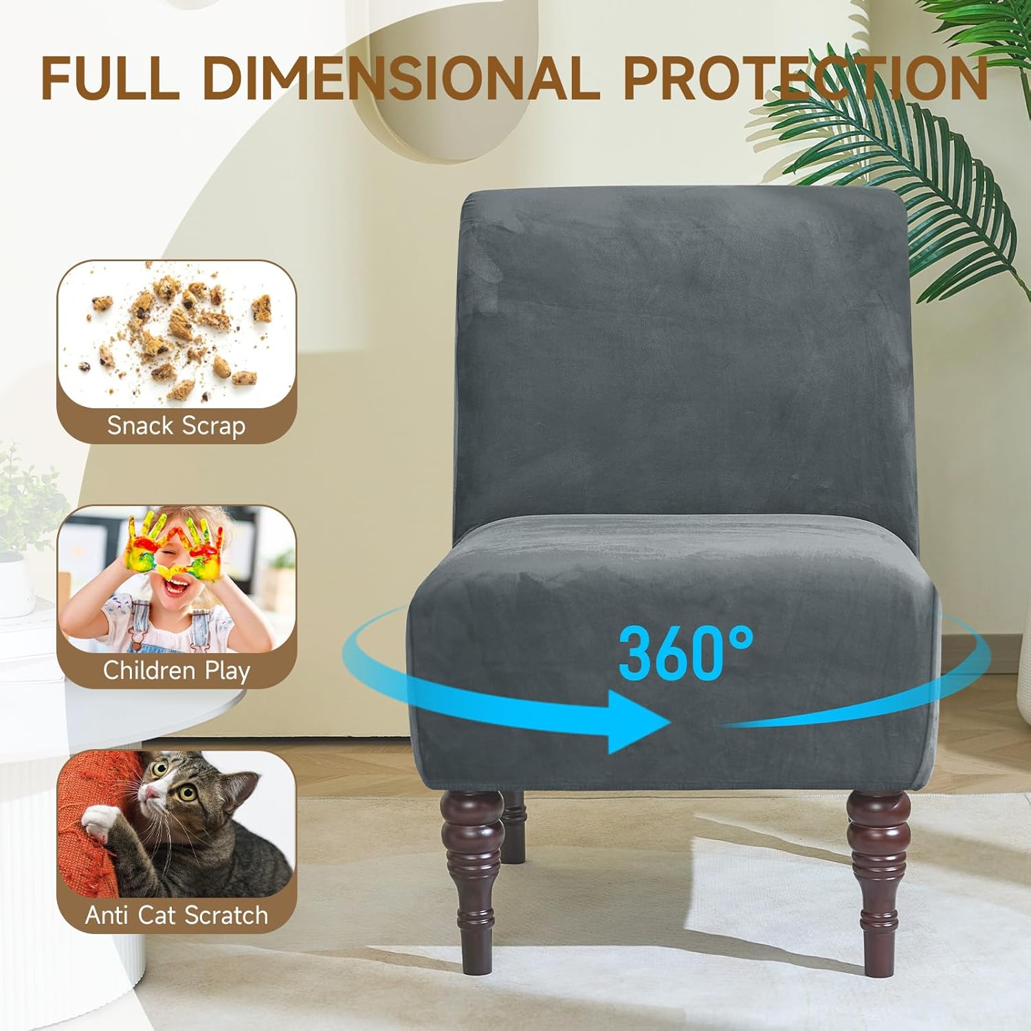 Velvet Armless Accent Chair Cover, Soft Stretch Accent Chair Slipcovers Without Arms Removable Armless Chair Furniture Protector Covers for Living Room/Dining Room/Hotel (Dark Grey, 1)