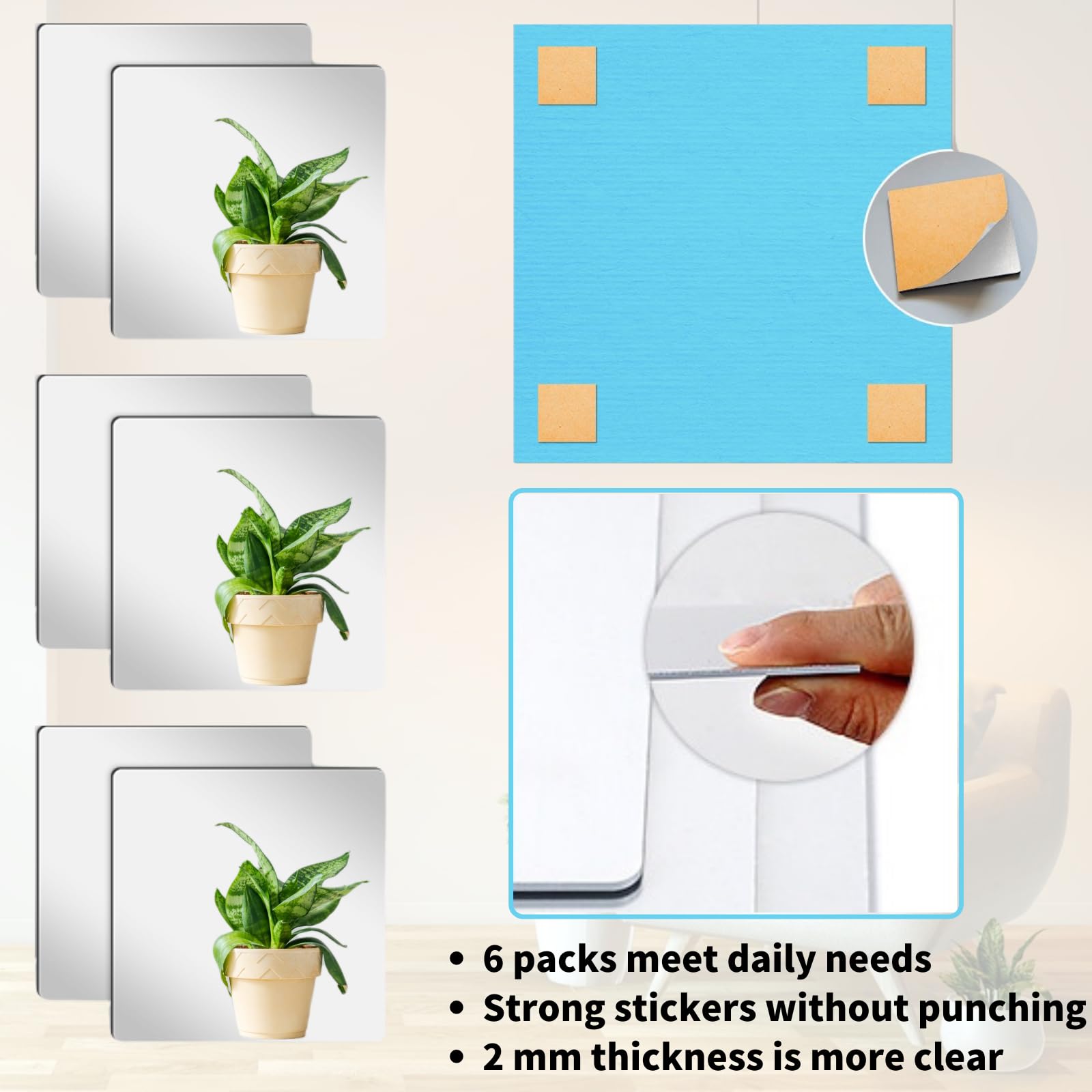 4 Specchi Adesivi Rettangolari Per Parete - Acrilico Riflettente, 20x20cm, Decorazione Casa - Foto 4