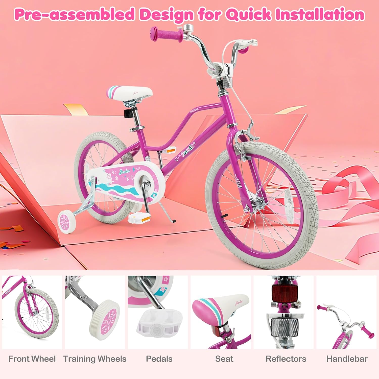 BABY JOY Girls Bike, 12” 14” 16” 18” Kids Bike for 3-8 Years Old with Training Wheels, Adjustable Seat & Handlebar, Handbrake & Coaster Brake, Children Bicycle