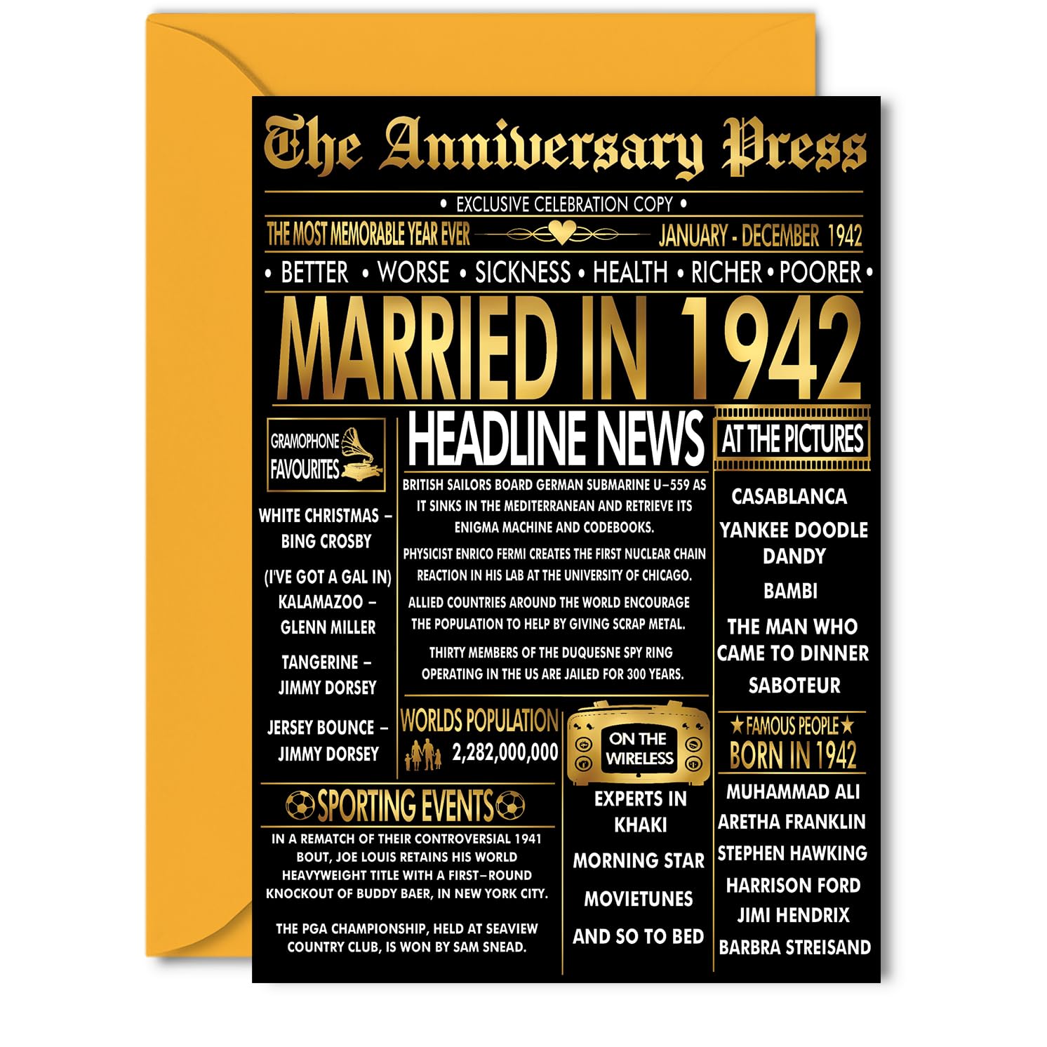 Gold 84th Anniversary Card for Women Men - Golden Newspaper Married in 1942-84 Year Wedding Anniversary Card for Companion Husband Partner Wife, 5x7 Inch Anniversaries Greeting Cards