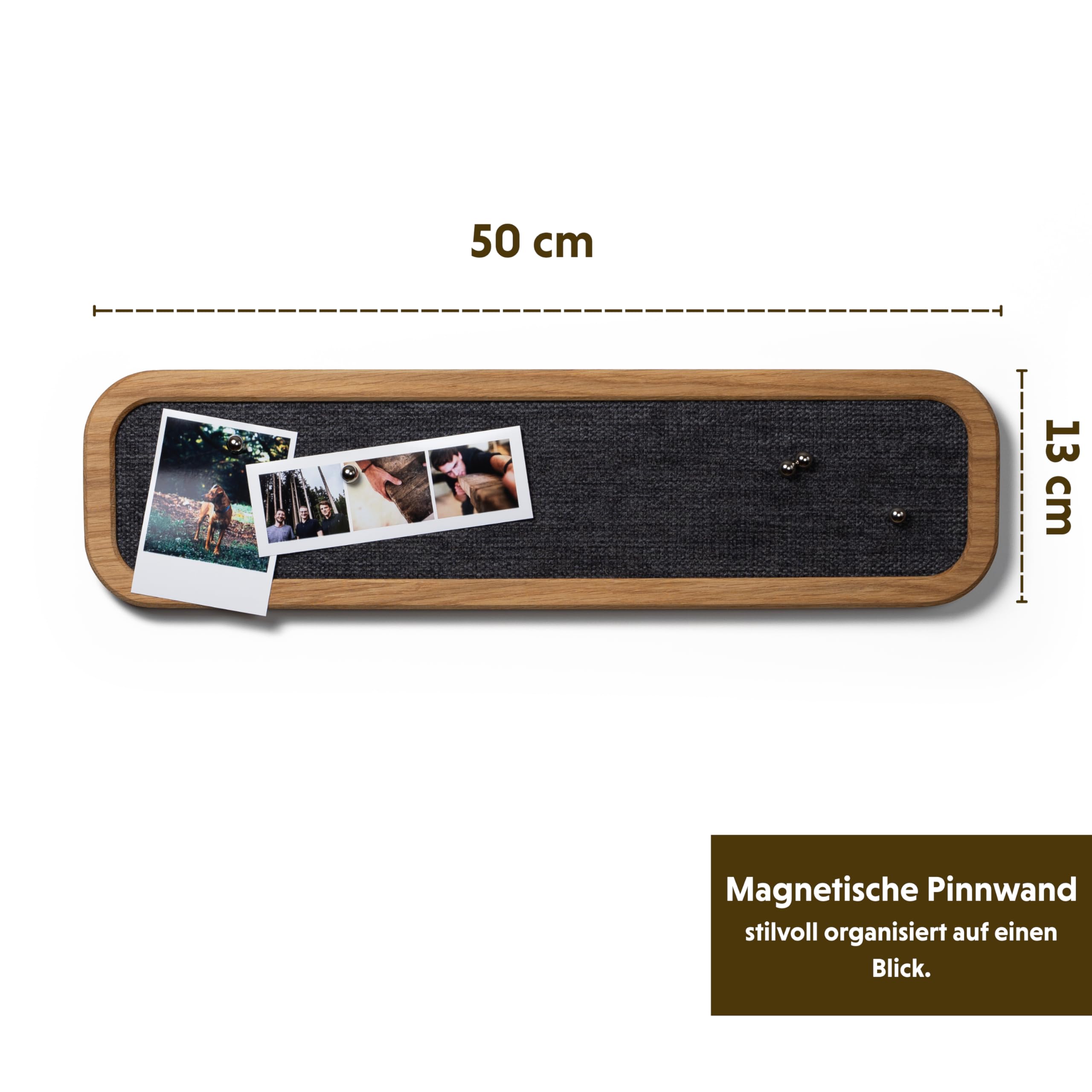 Magnet Pinnwand aus massivem Eichenholz 50x13 cm – Stoffbespannt in Anthrazit mit Magnetischer Rückwand – Wanddeko & Memoboard inkl. 5 Magnetkugeln & Befestigung – Handgemacht von WOODS