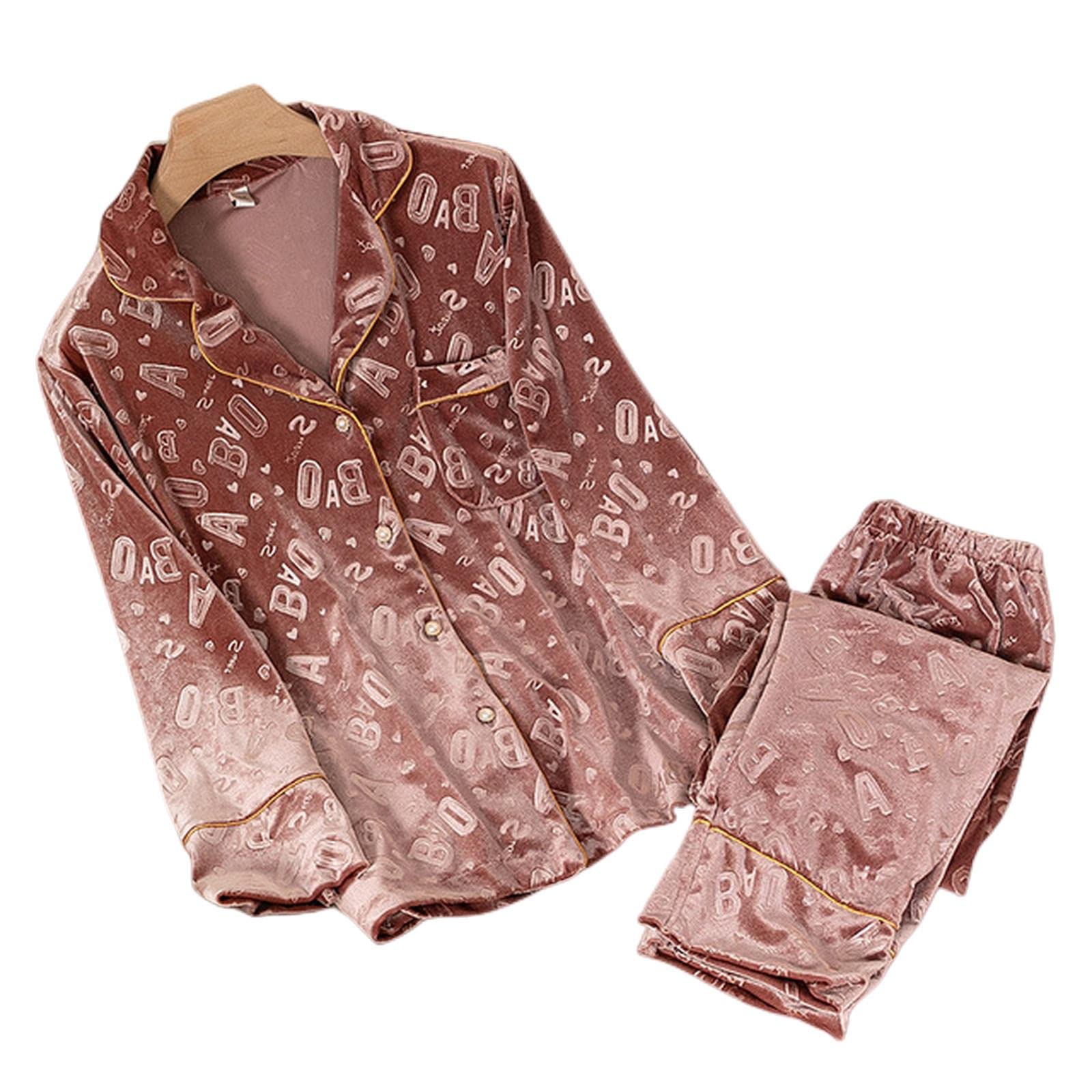 Pigiama Donna Pigiama per Donne in Finta Velluto 2Pcs Set Camicia A Manica Piena E Pantalone Primaverile Autunno Inverno Abbigliamento per Sonno Notturno Sciolto