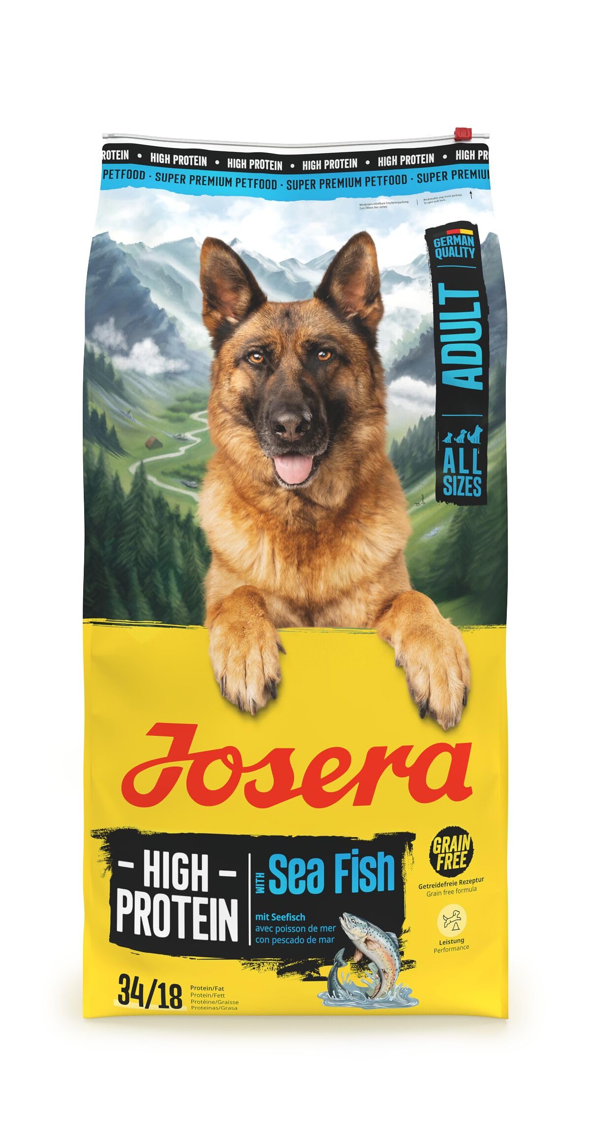 JOSERA Adult High Protein Pesce di mare (1 x 12,​5 kg), cibo secco di alta qualità per cani adulti e sportivi, salmone e patata dolce, senza cereali e ricchi di proteine, L-​carnitina e taurina
