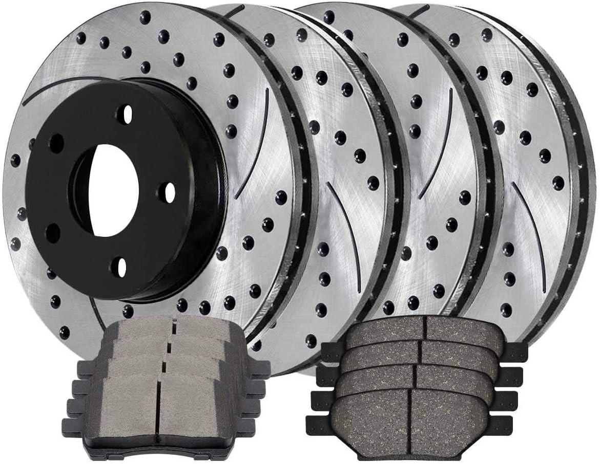 AutoShack Front and Rear Drilled Slotted Brake Kit Rotors Black and