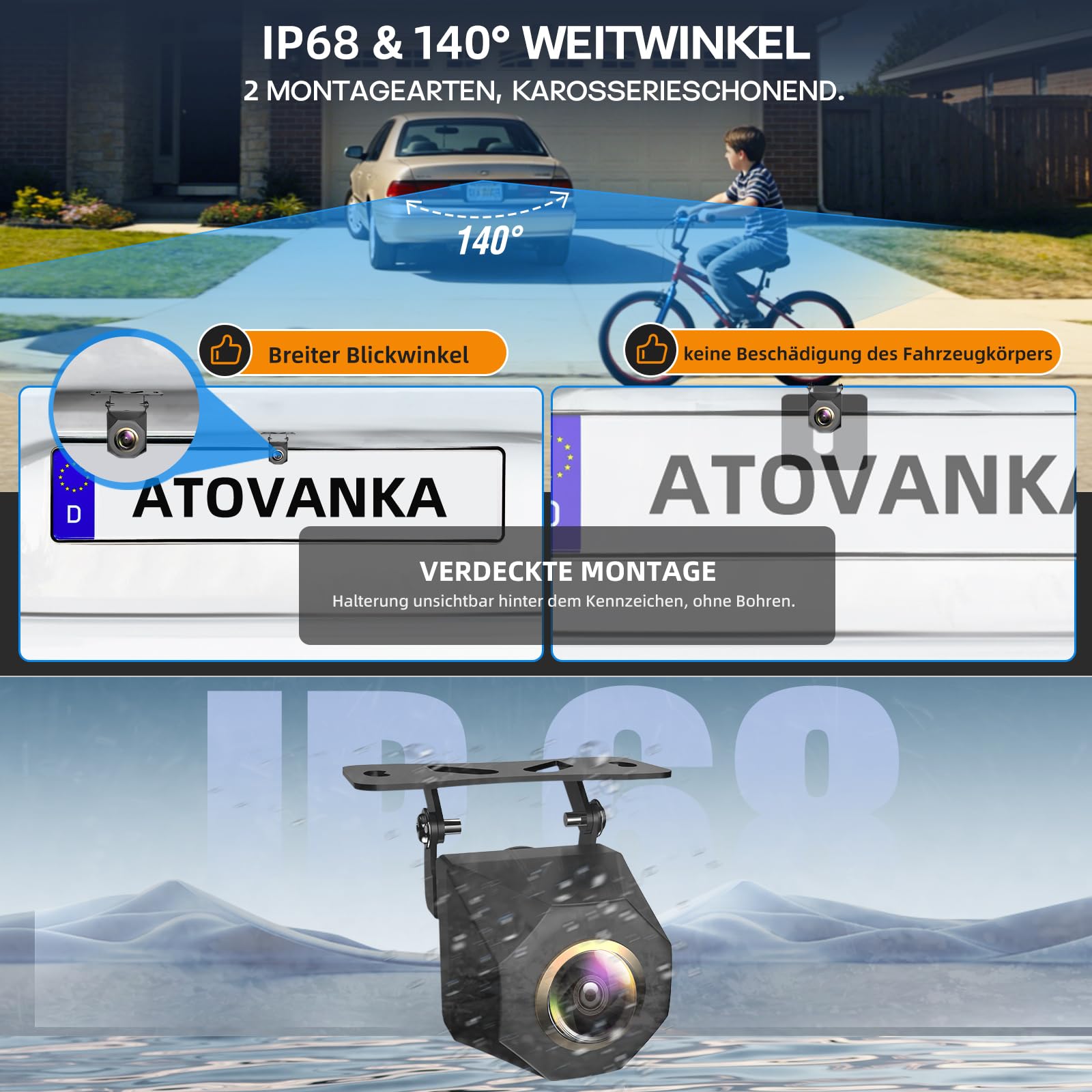 Rückfahrkamera Auto 7-Zoll HD-Monitor Plug-Play Nachrüsten System 1080P Nachtsicht 140° Weitwinkel PKW SUV Pickups