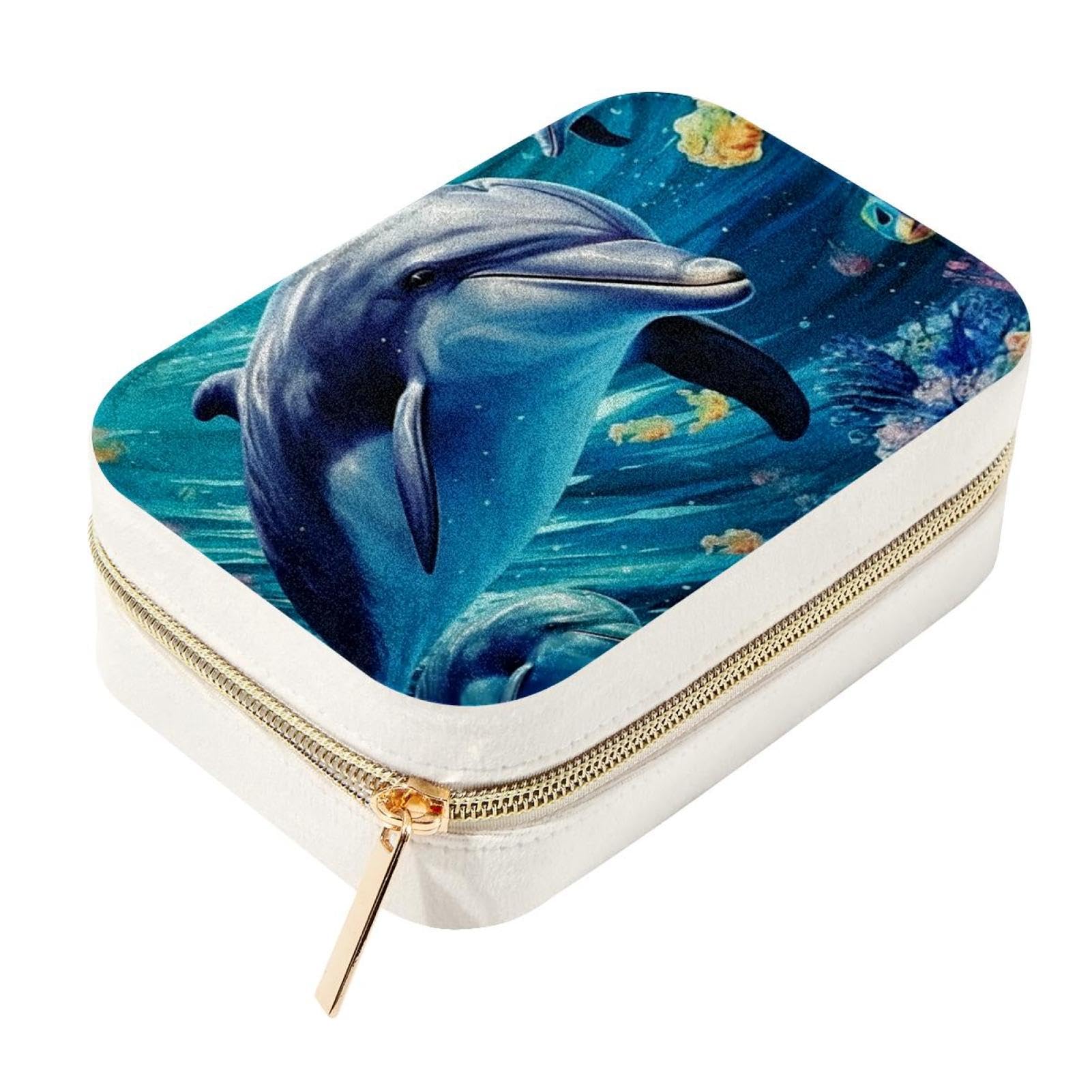 Boîte à bijoux en velours zippée, petit coffret de rangement dauphin métal