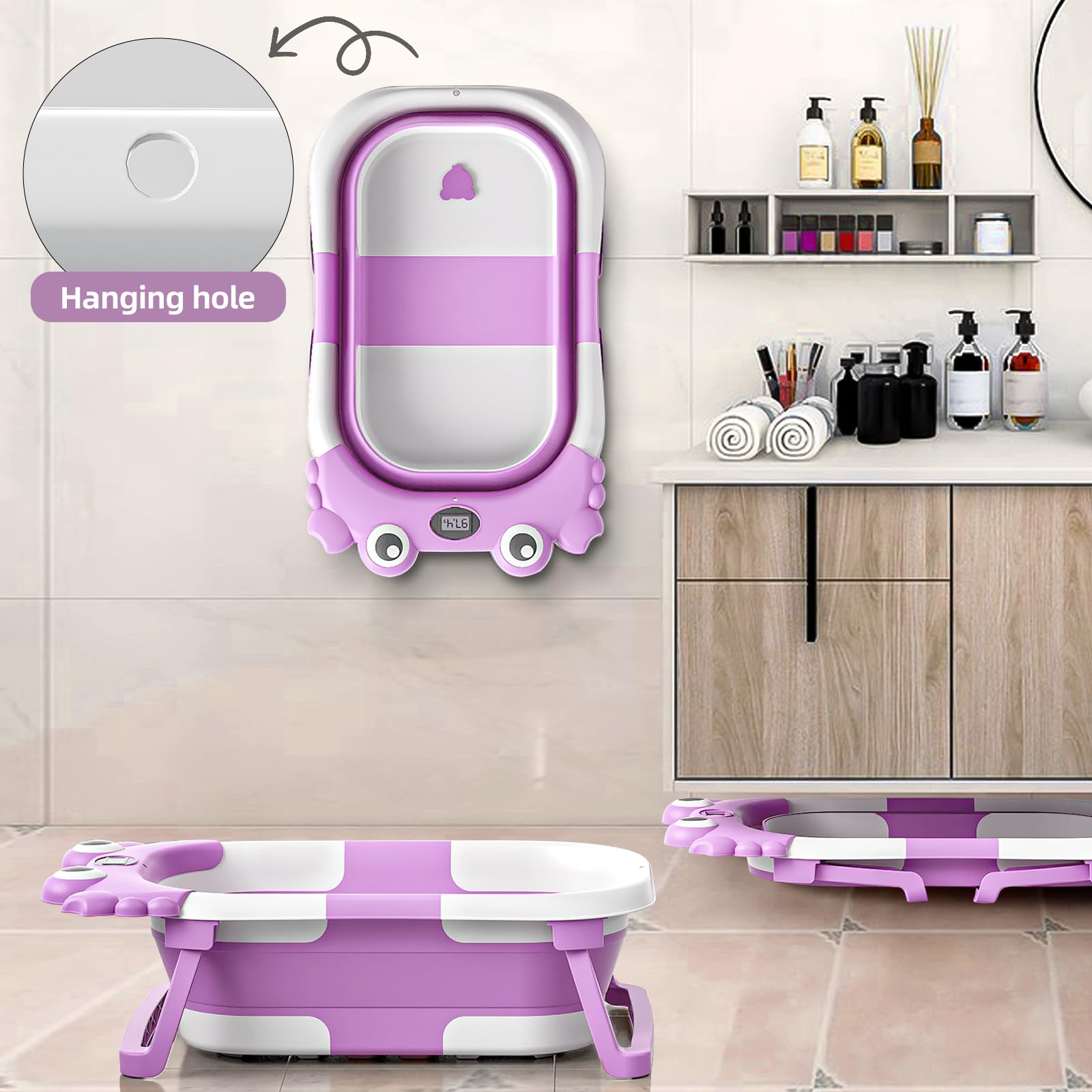 Bañera plegable para bebés y niños pequeños con monitor de temperatura en tiempo real + cojín flotante, juego de bañera plegable para bebés de 0 a 36 meses, bañera de viaje portátil para recién